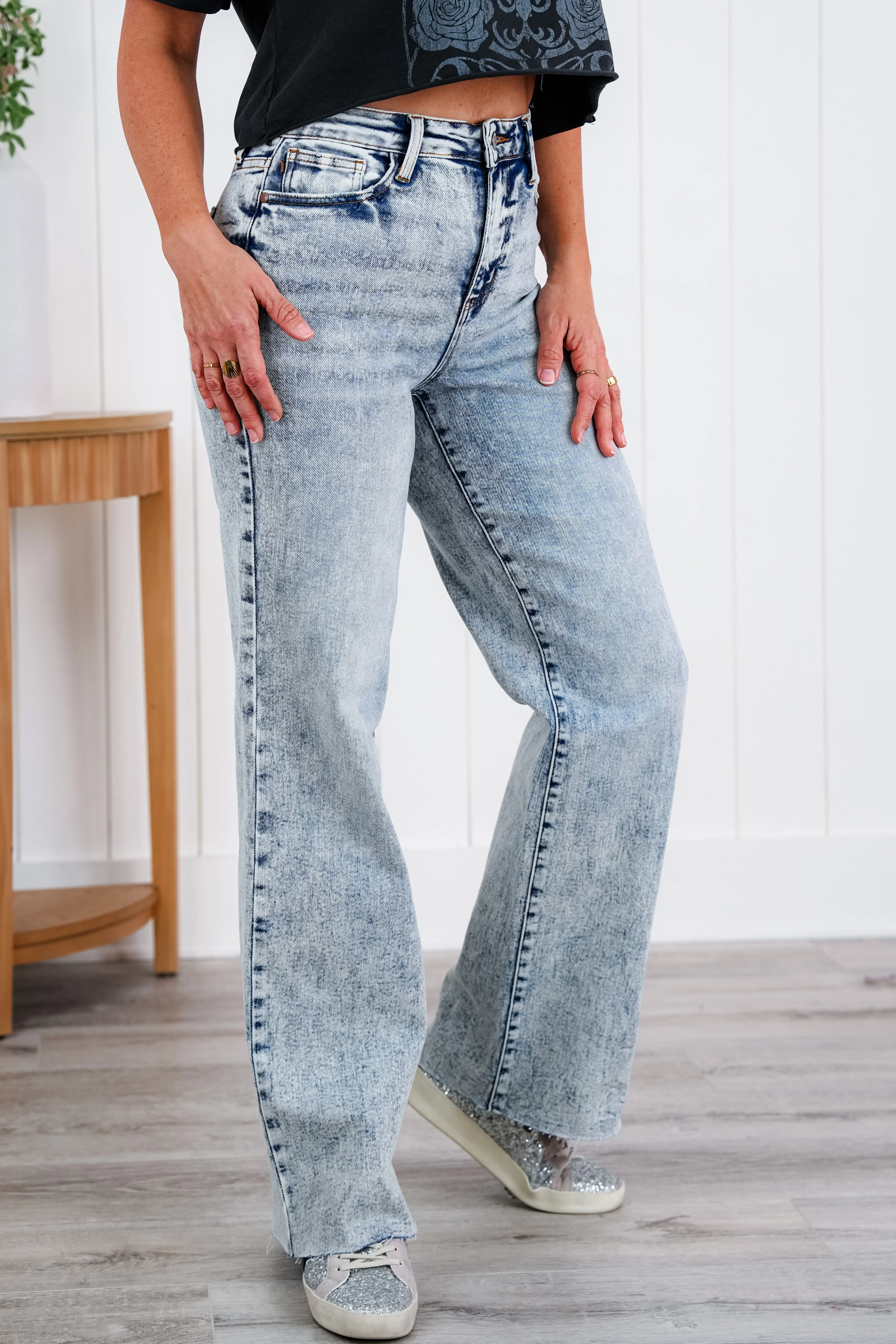 Judy Blue  Bad Blood High Rise Light Mineral Wash Raw Hem Wide Leg Jeans - Image 32