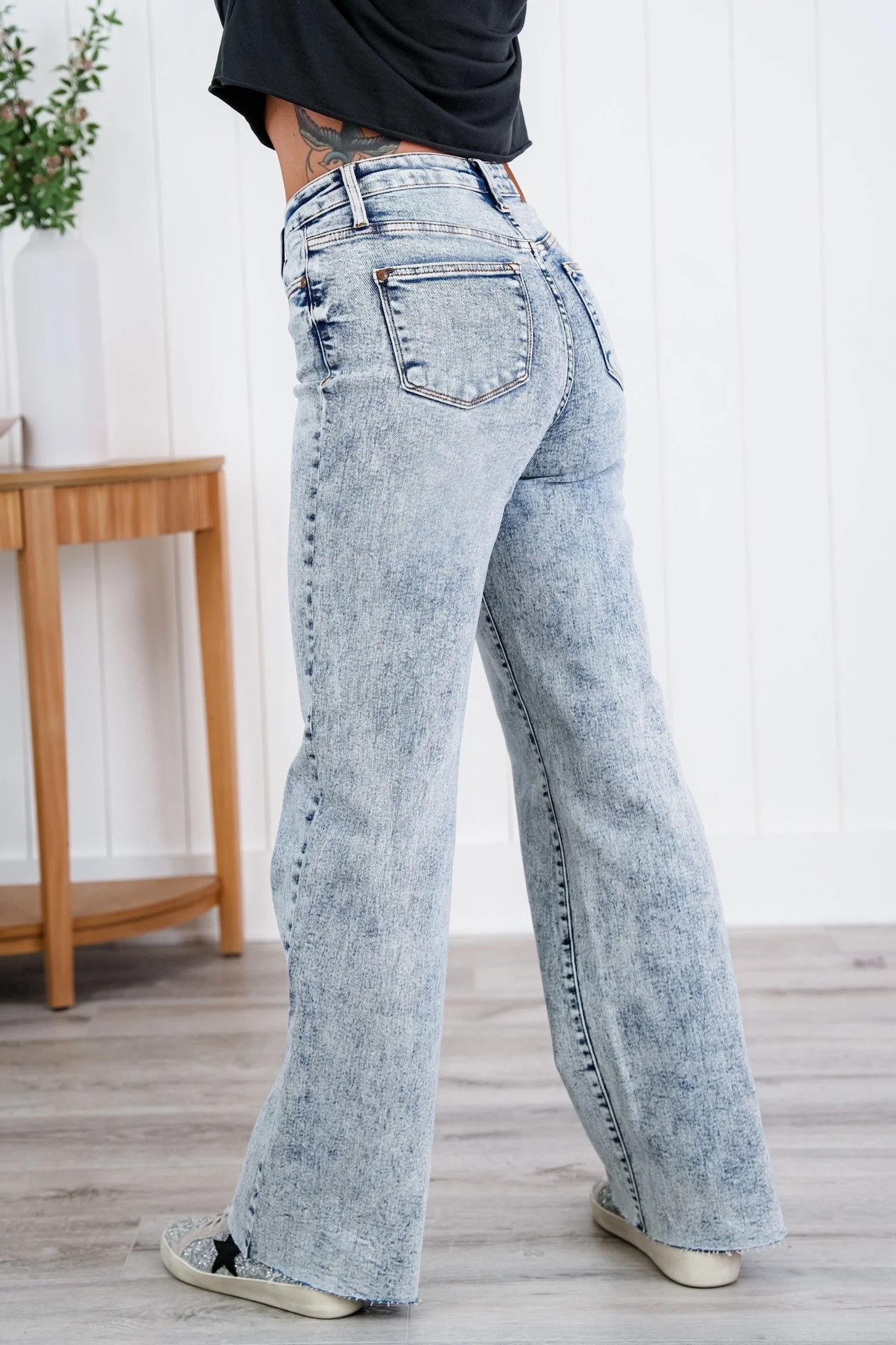 Judy Blue  Bad Blood High Rise Light Mineral Wash Raw Hem Wide Leg Jeans - Image 4