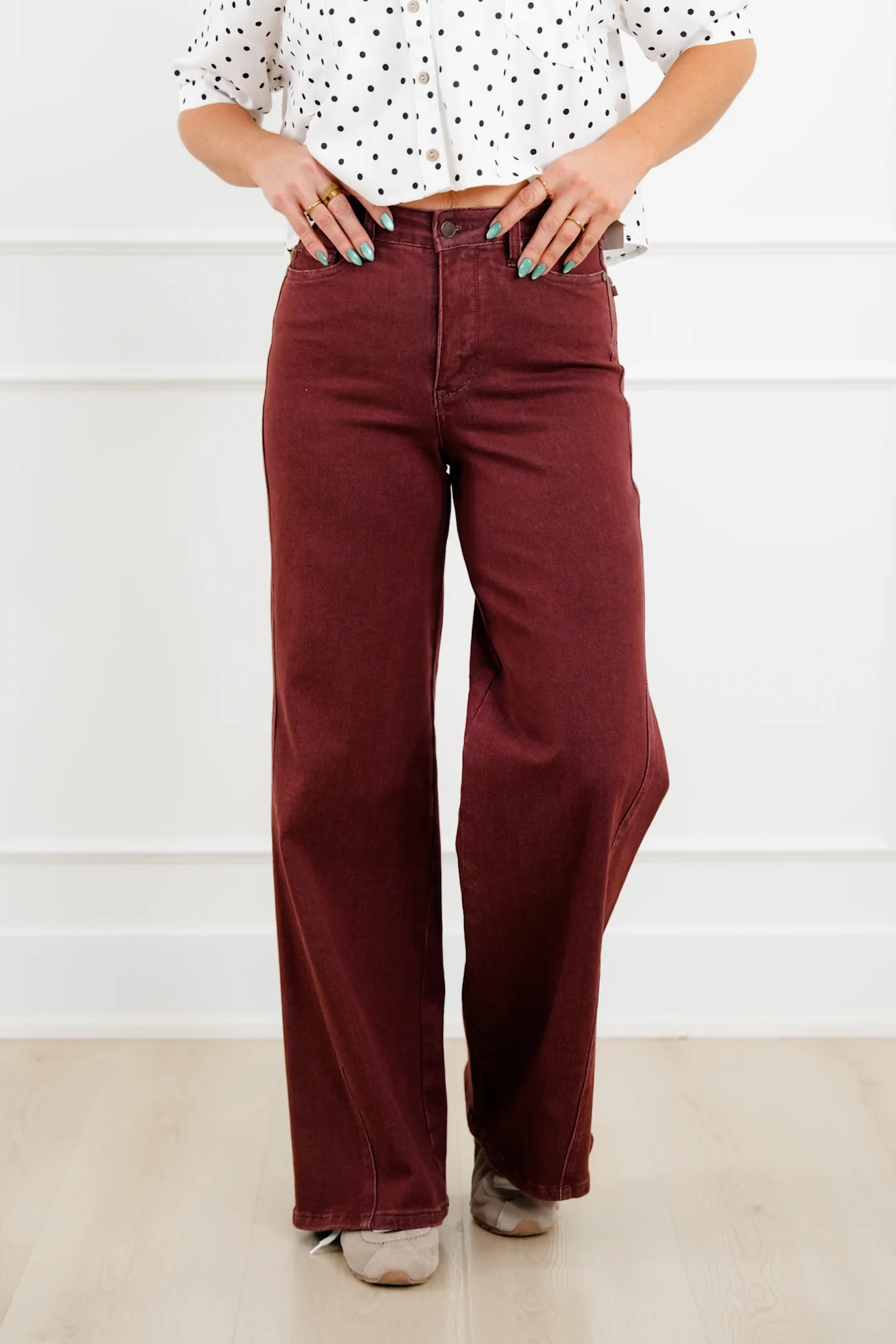 Judy Blue High Rise Burgundy Retro Wide Leg Jeans with Twisted Seams - Image 6