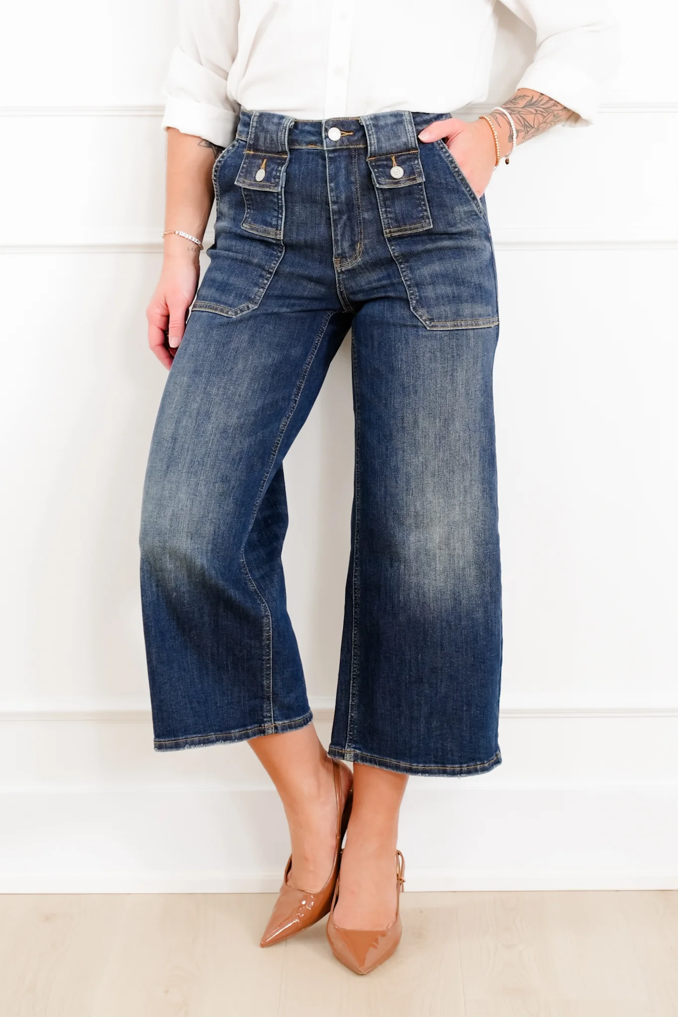 Judy Blue High Rise Dark Crop Wide Leg Jeans with Utility and Patch Pockets - Image 8