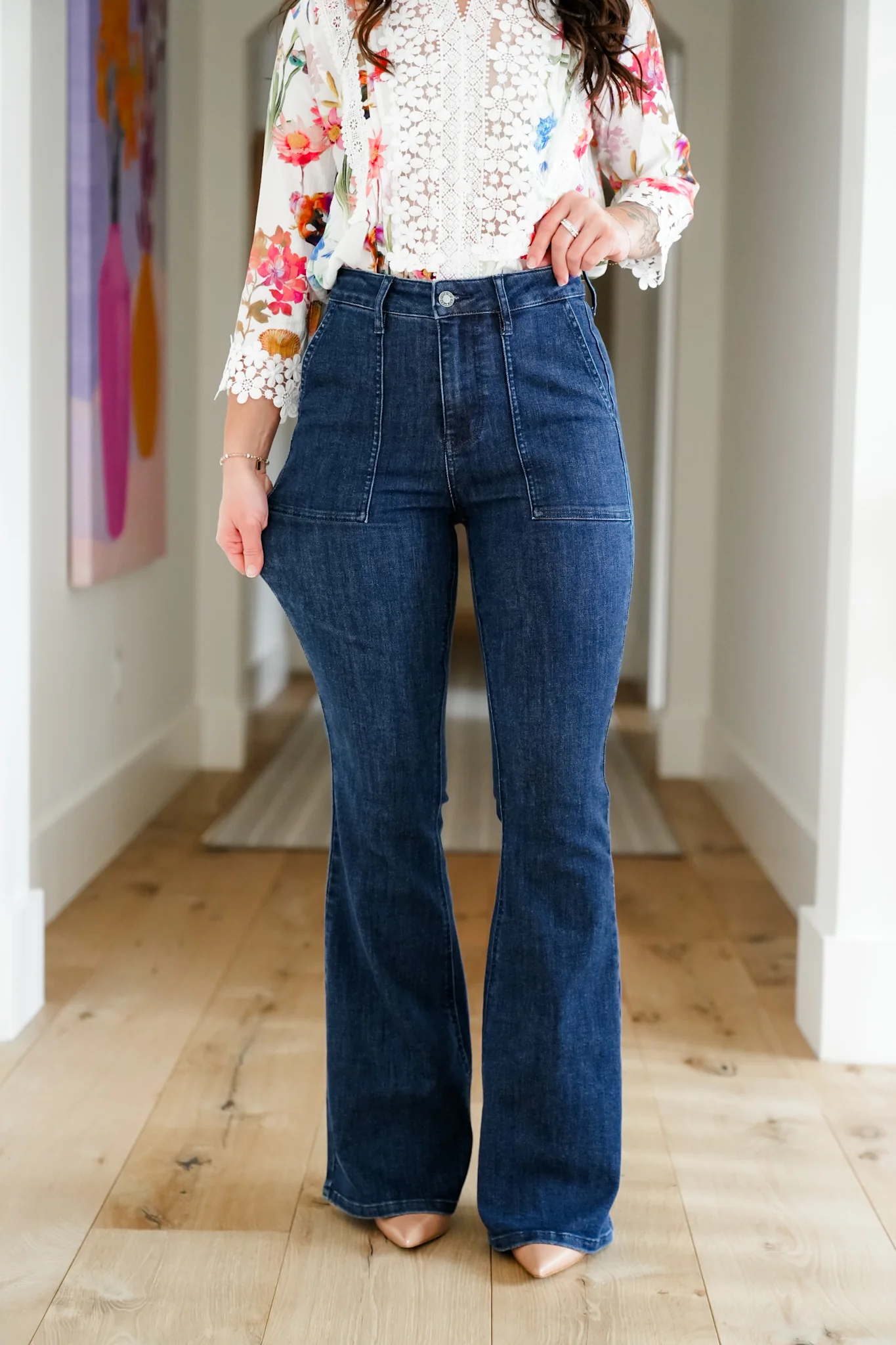 Judy Blue High Rise Dark Wash Flare Jeans with Patch Pockets - Image 4