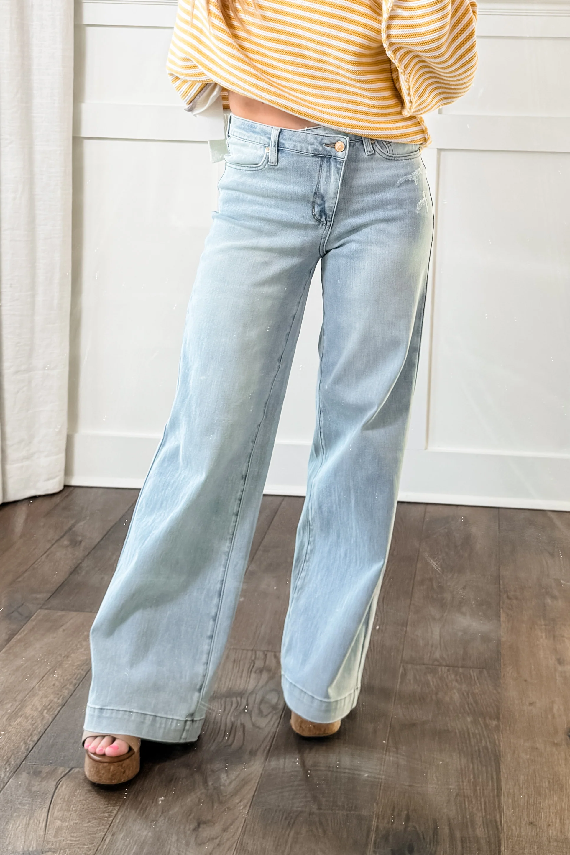 Judy Blue High Rise Light Wash Distressed Criss Cross Waistband Retro Wide Leg Jeans - Image 2