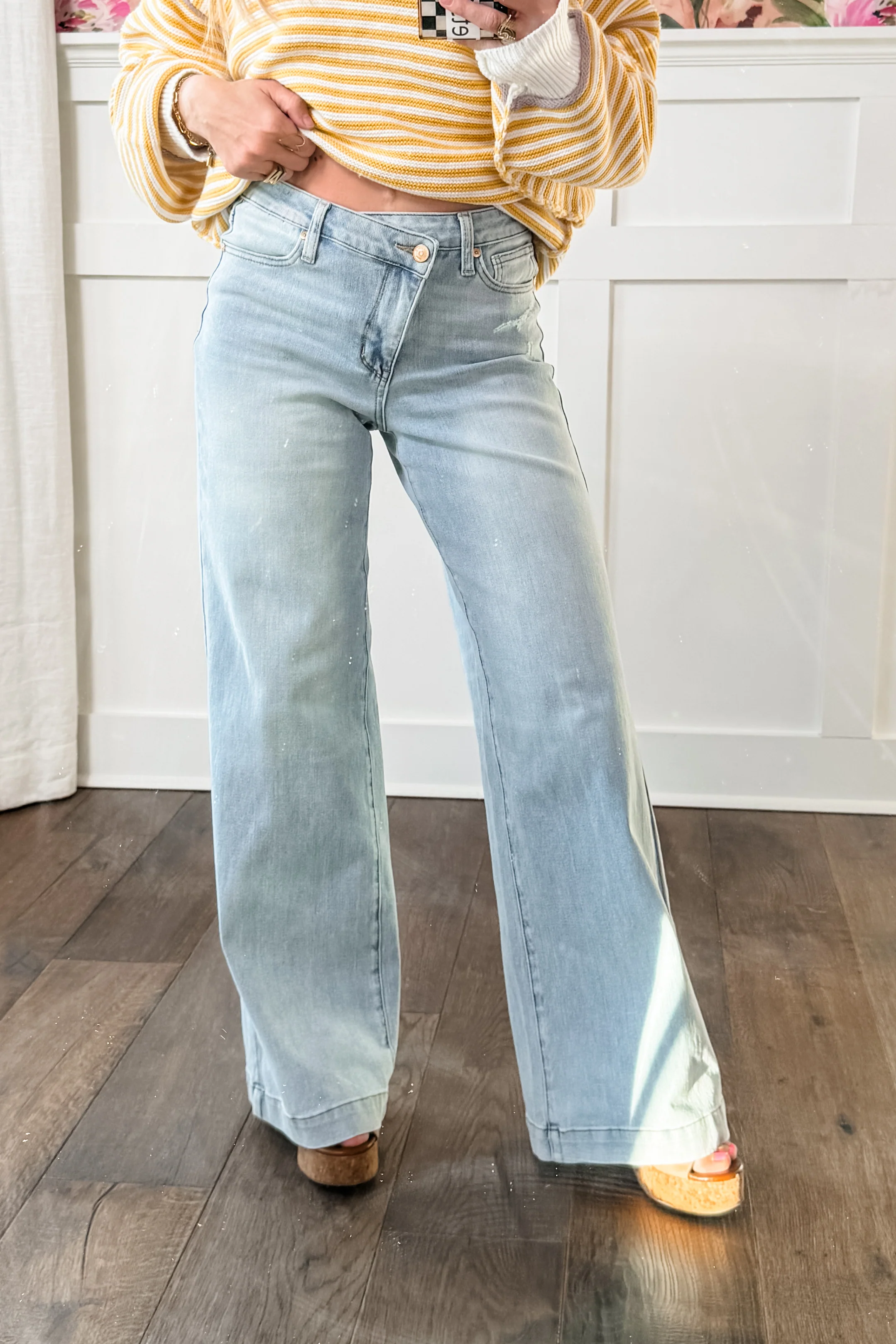 Judy Blue High Rise Light Wash Distressed Criss Cross Waistband Retro Wide Leg Jeans - Image 3