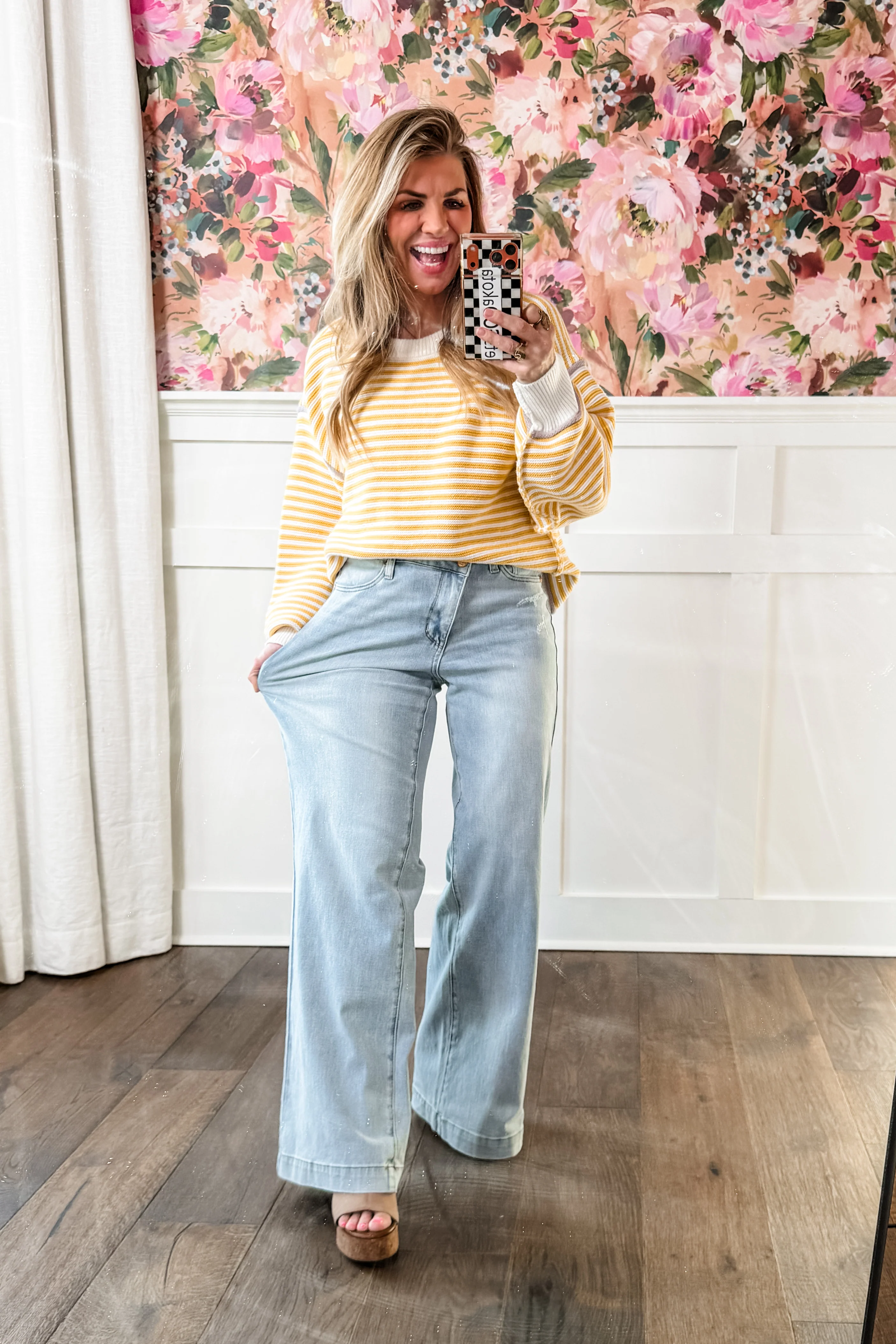 Judy Blue High Rise Light Wash Distressed Criss Cross Waistband Retro Wide Leg Jeans - Image 5
