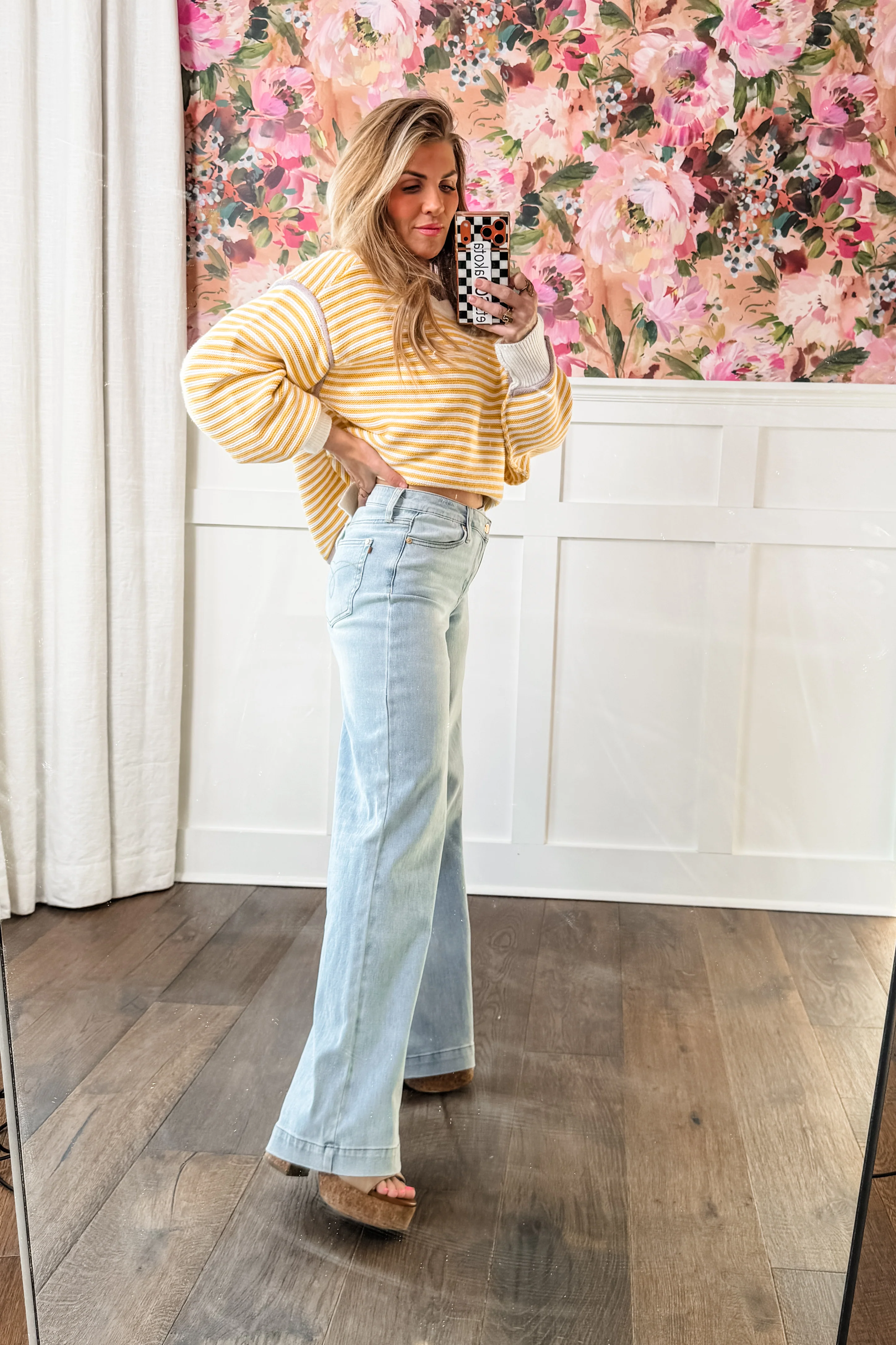 Judy Blue High Rise Light Wash Distressed Criss Cross Waistband Retro Wide Leg Jeans - Image 6