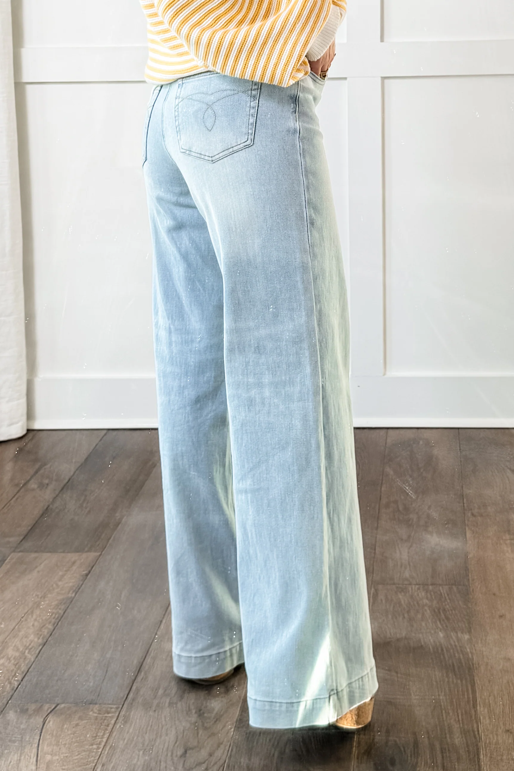 Judy Blue High Rise Light Wash Distressed Criss Cross Waistband Retro Wide Leg Jeans - Image 7