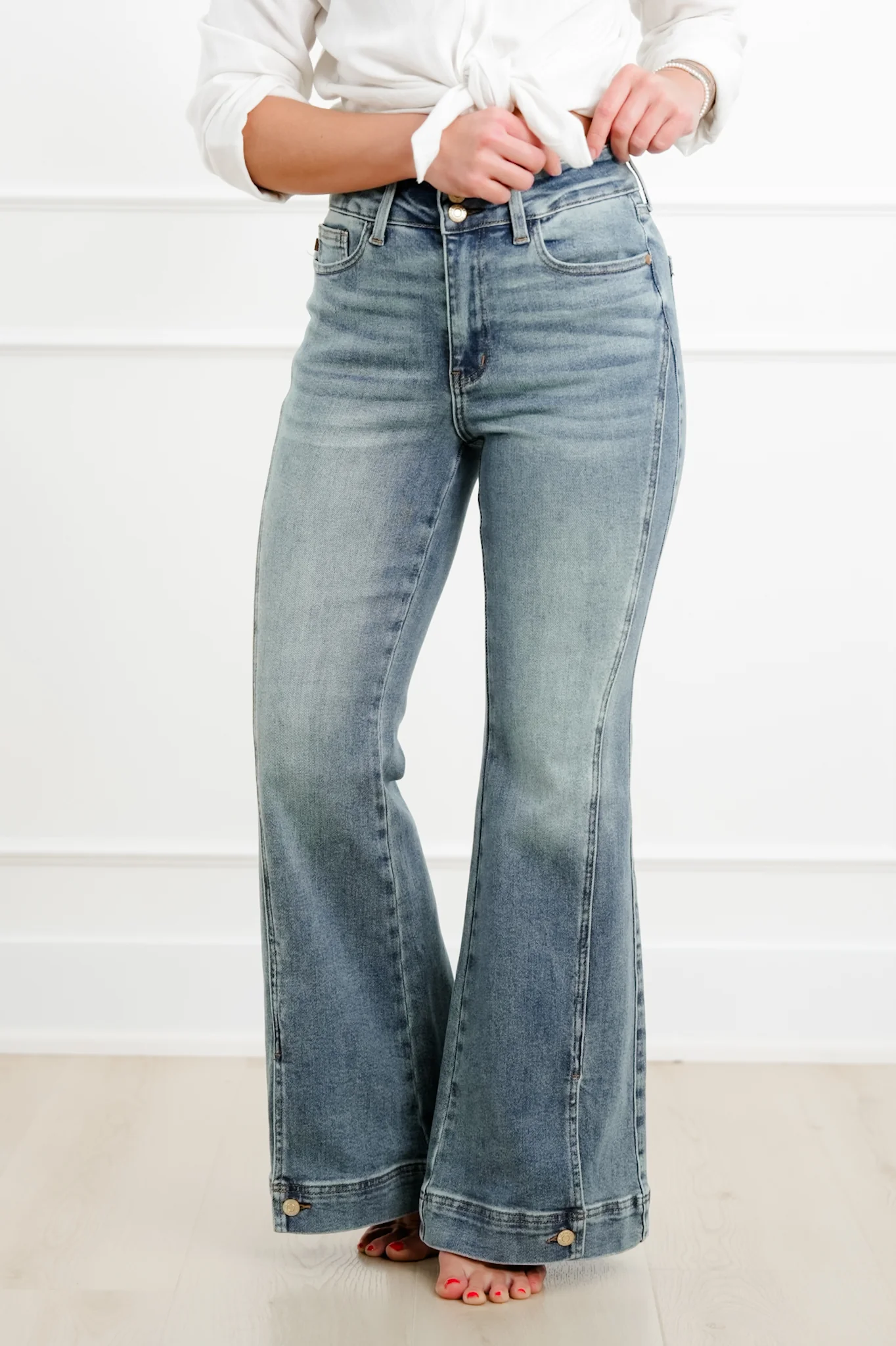 Judy Blue High Rise Medium Vintage Wash Flare Jeans with Button Hem - Image 10