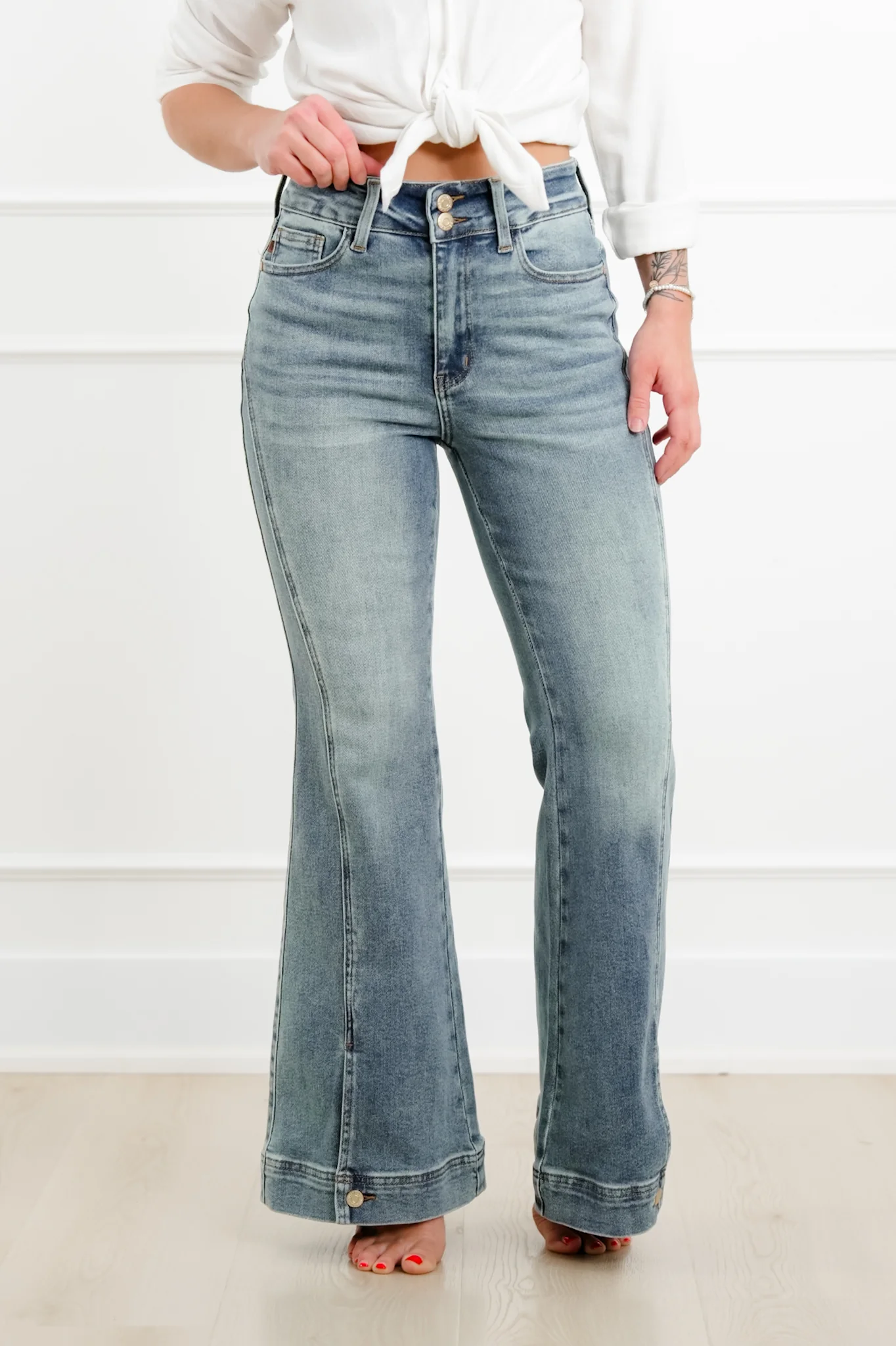 Judy Blue High Rise Medium Vintage Wash Flare Jeans with Button Hem - Image 6