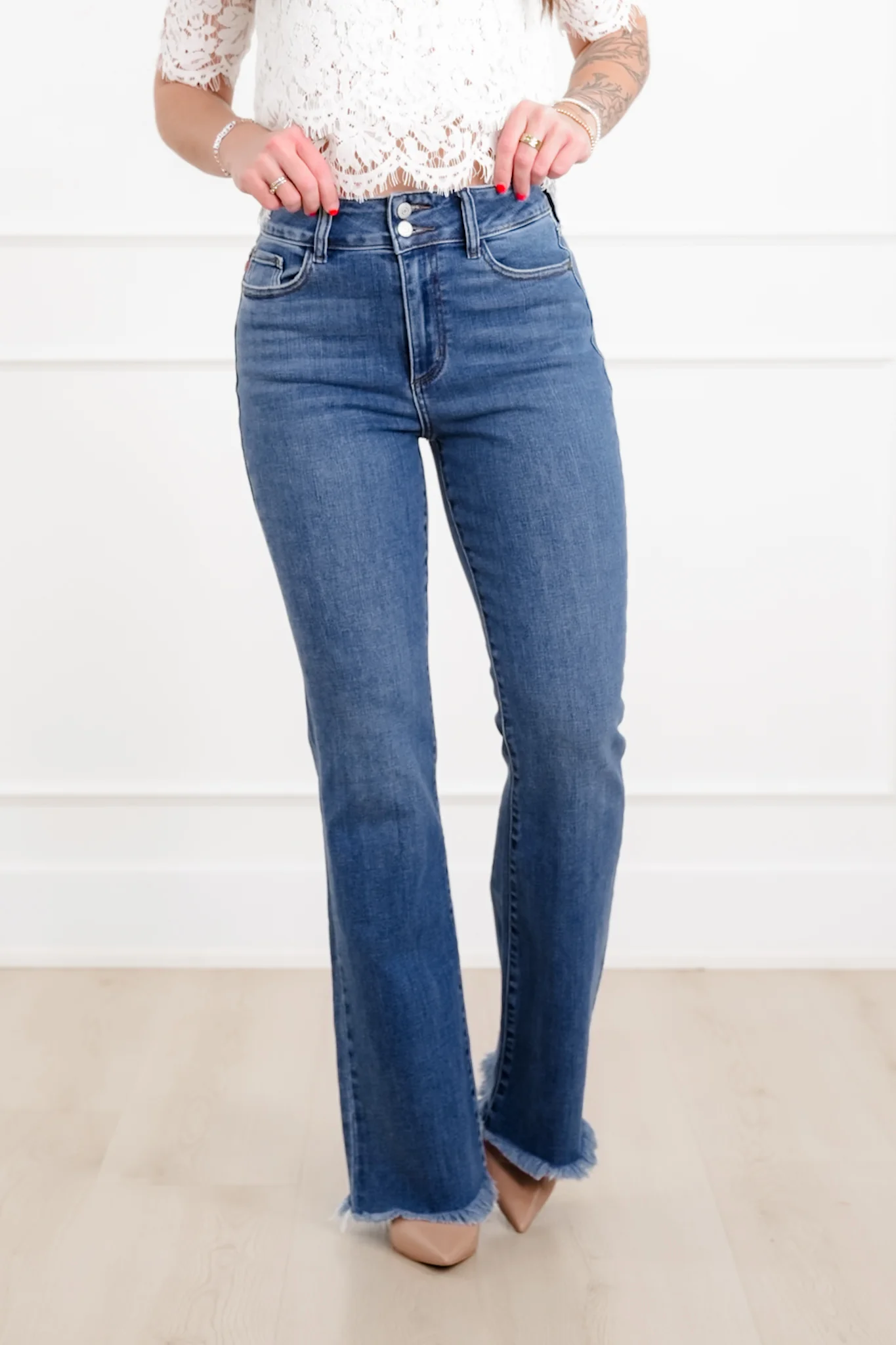 Judy Blue The Delilah High Rise Medium Wash Double Button Frayed Hem Bootcut Jeans - Image 6