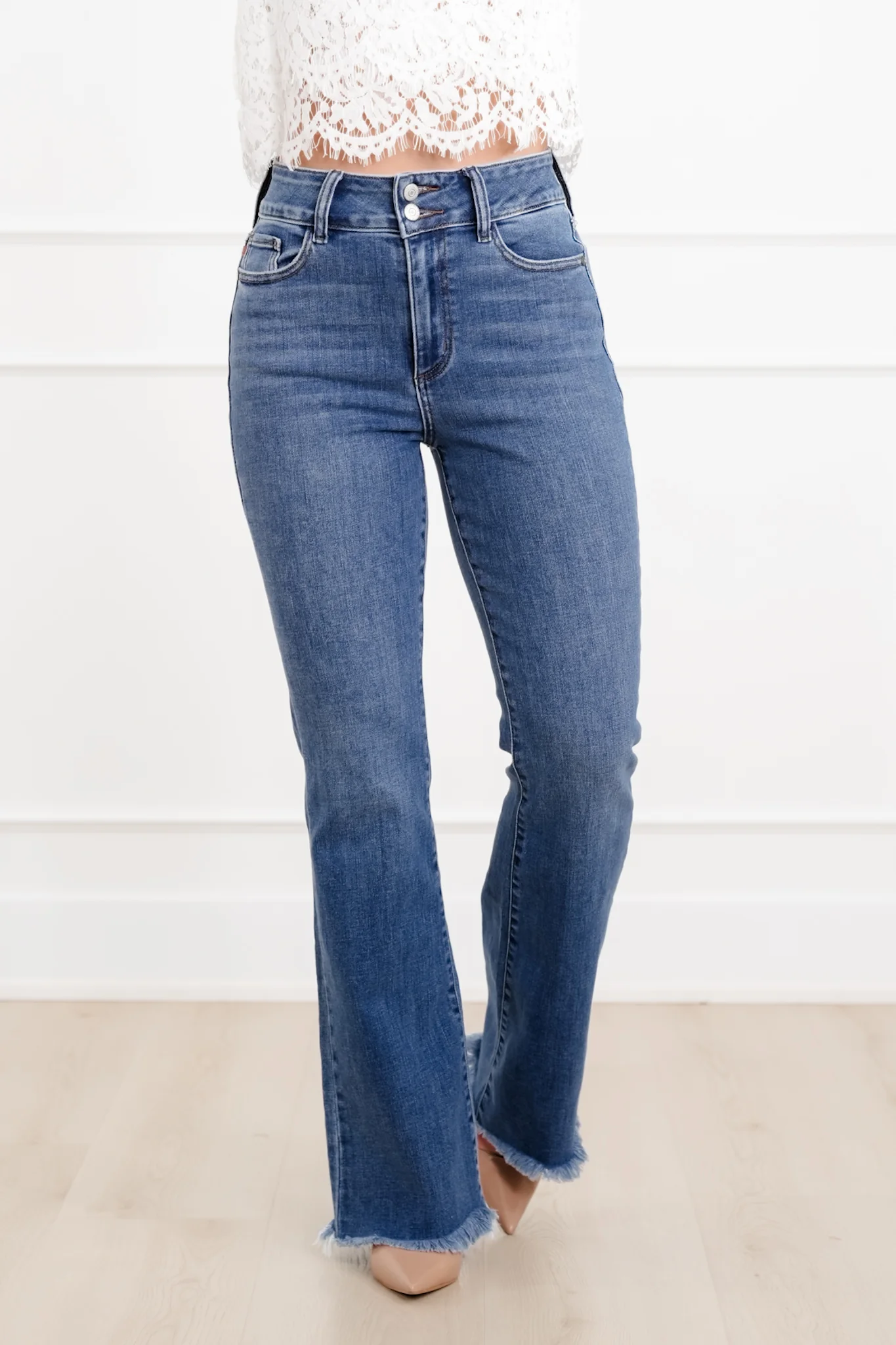 Judy Blue The Delilah High Rise Medium Wash Double Button Frayed Hem Bootcut Jeans - Image 8
