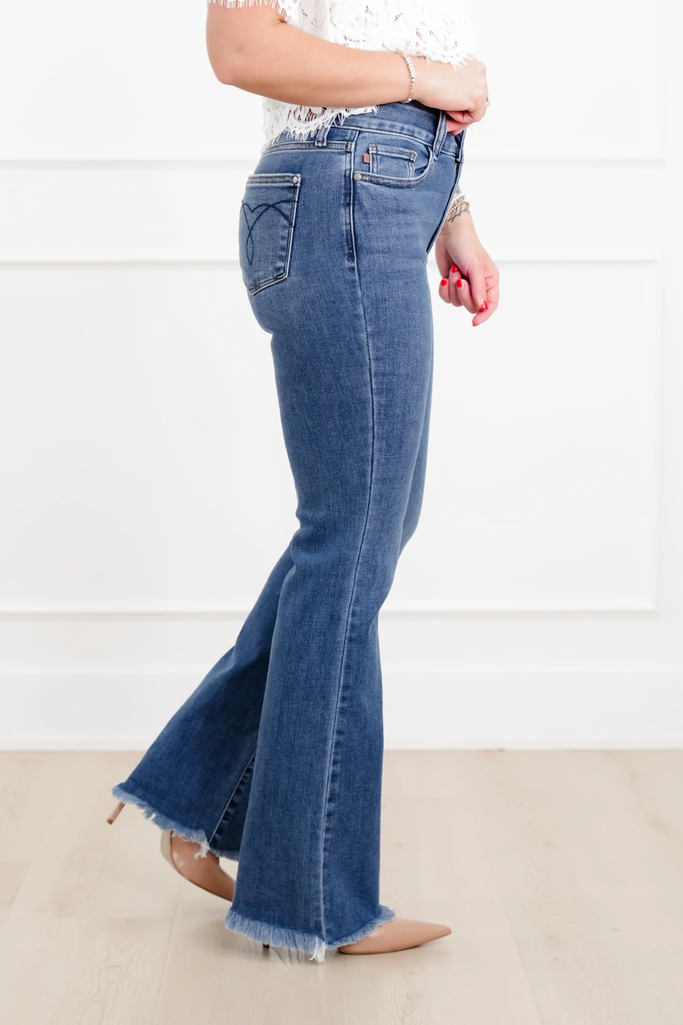 Judy Blue The Delilah High Rise Medium Wash Double Button Frayed Hem Bootcut Jeans - Image 9