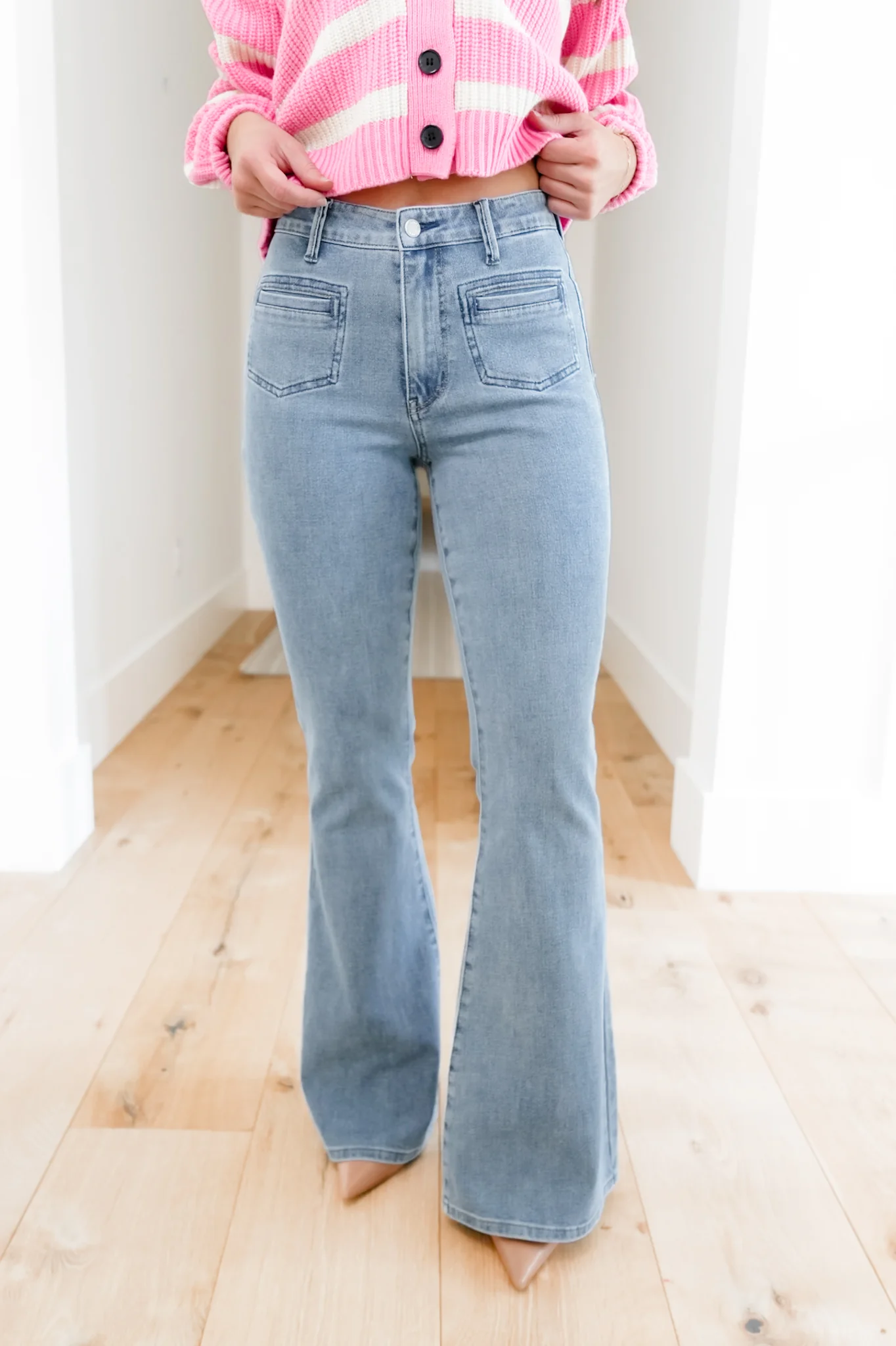 Judy Blue High Rise Medium Wash Flare Jeans with Front Patch Pockets - Image 8