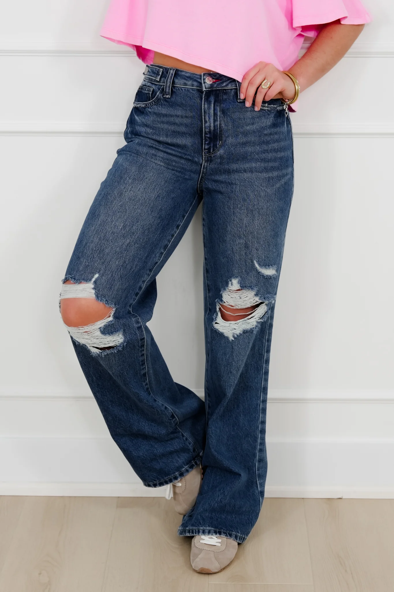 Judy Blue High Rise Medium Wash Rigid Magic Distressed Straight Leg Jeans with Adjustable Waist Band Tabs - Image 3