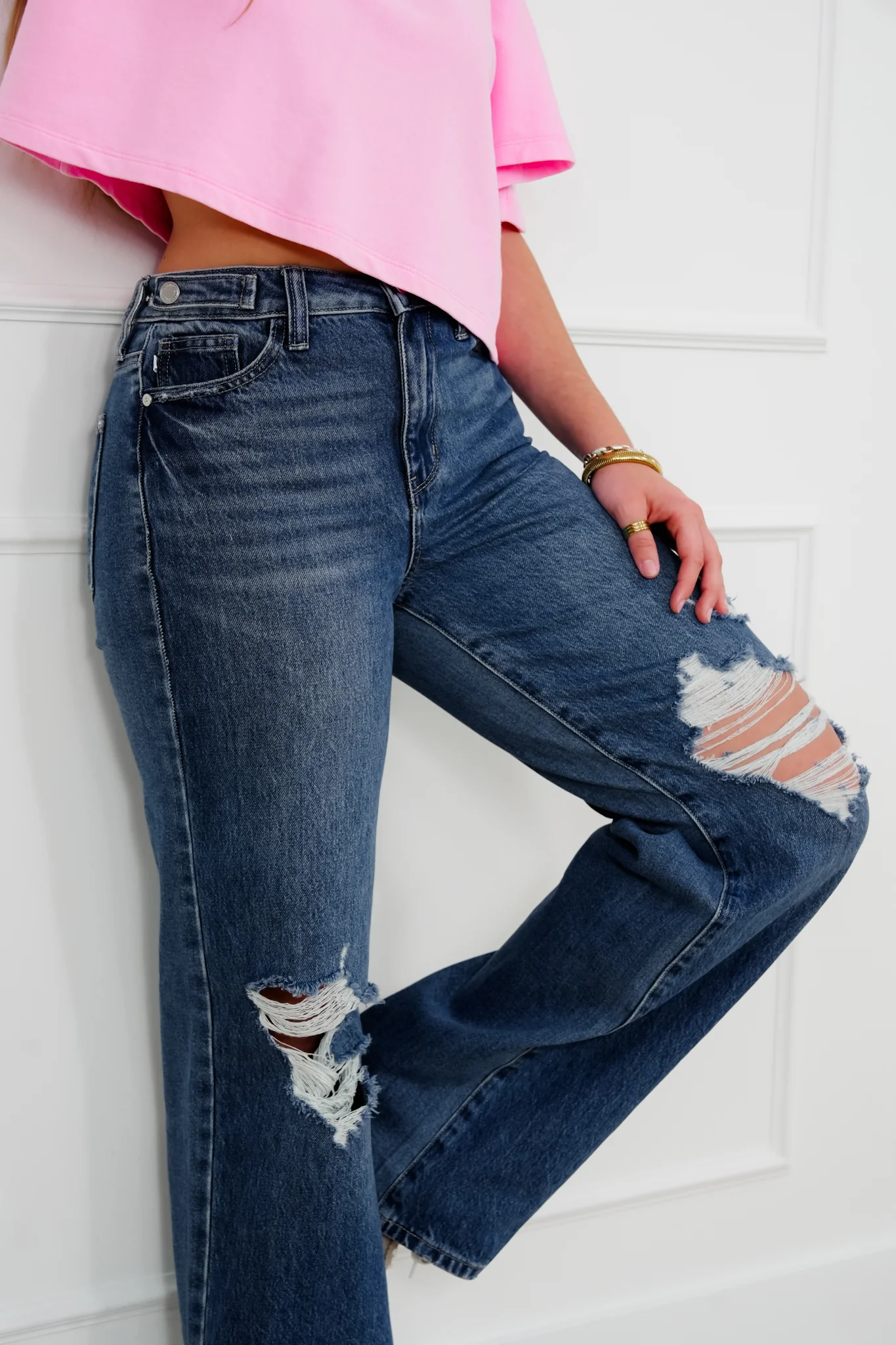 Judy Blue High Rise Medium Wash Rigid Magic Distressed Straight Leg Jeans with Adjustable Waist Band Tabs - Image 7