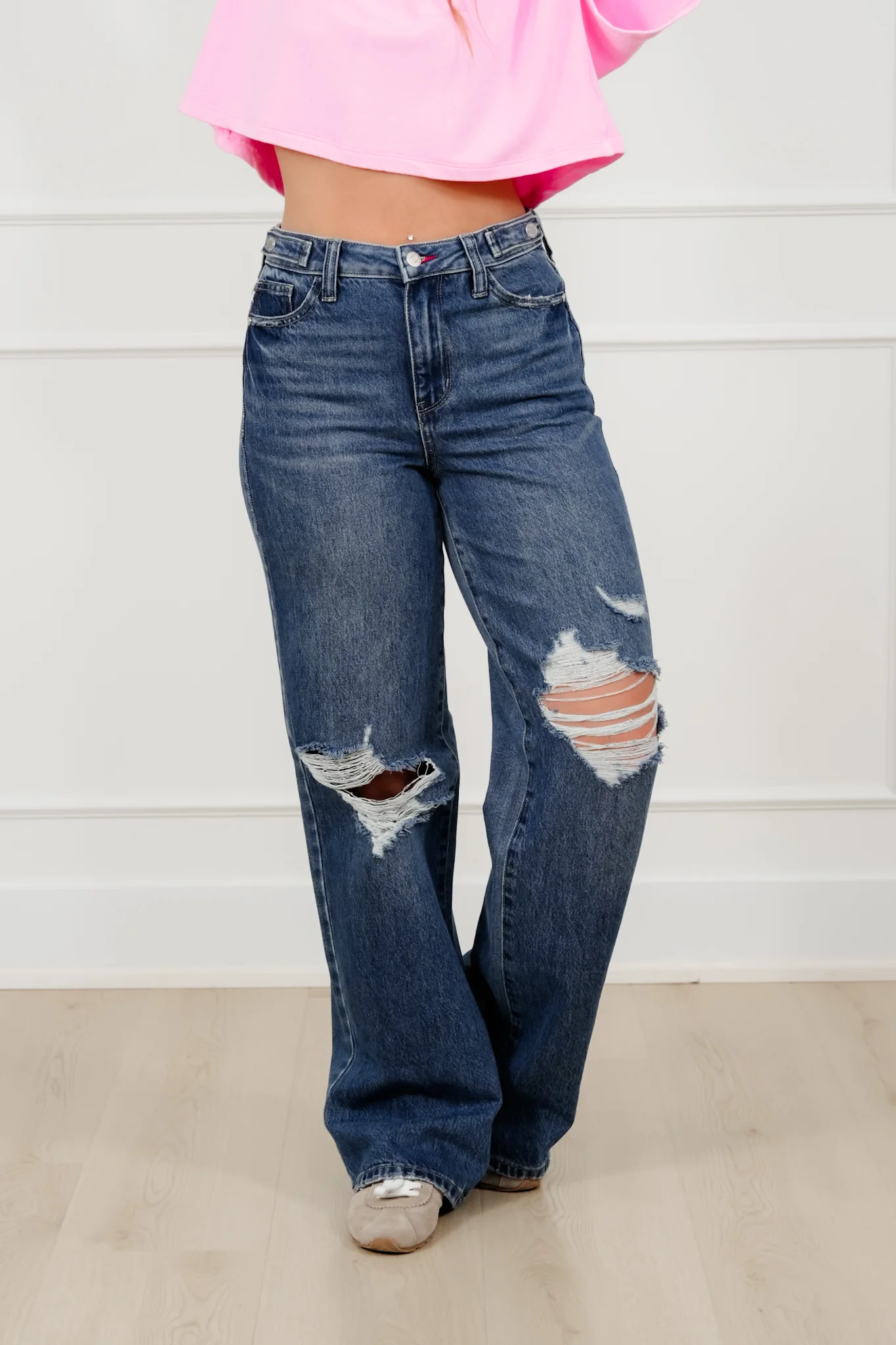 Judy Blue High Rise Medium Wash Rigid Magic Distressed Straight Leg Jeans with Adjustable Waist Band Tabs - Image 8