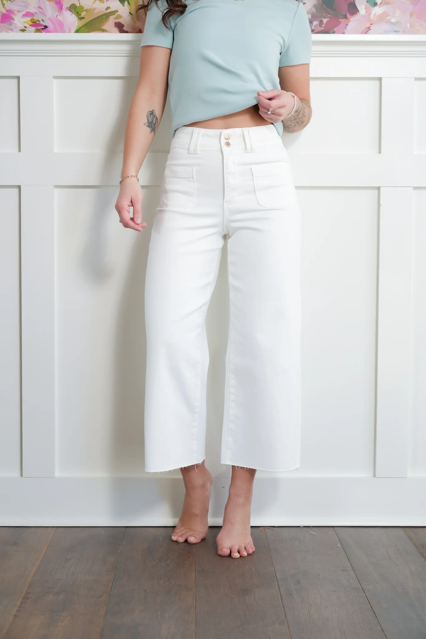 Judy Blue High Rise White Cropped Wide Leg Jeans with Patch Pockets - Image 8
