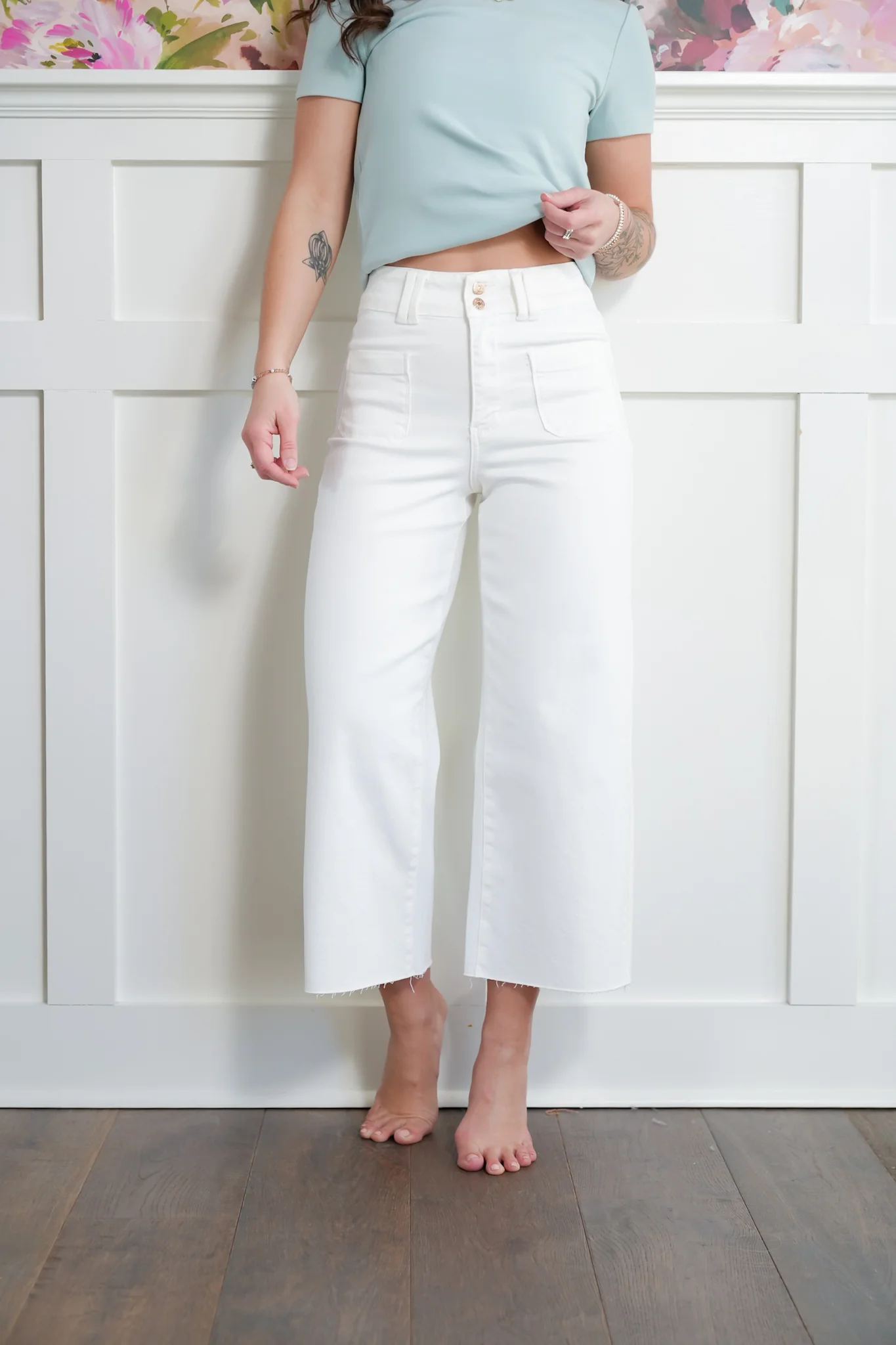 Judy Blue High Rise White Cropped Wide Leg Jeans with Patch Pockets - Image 9