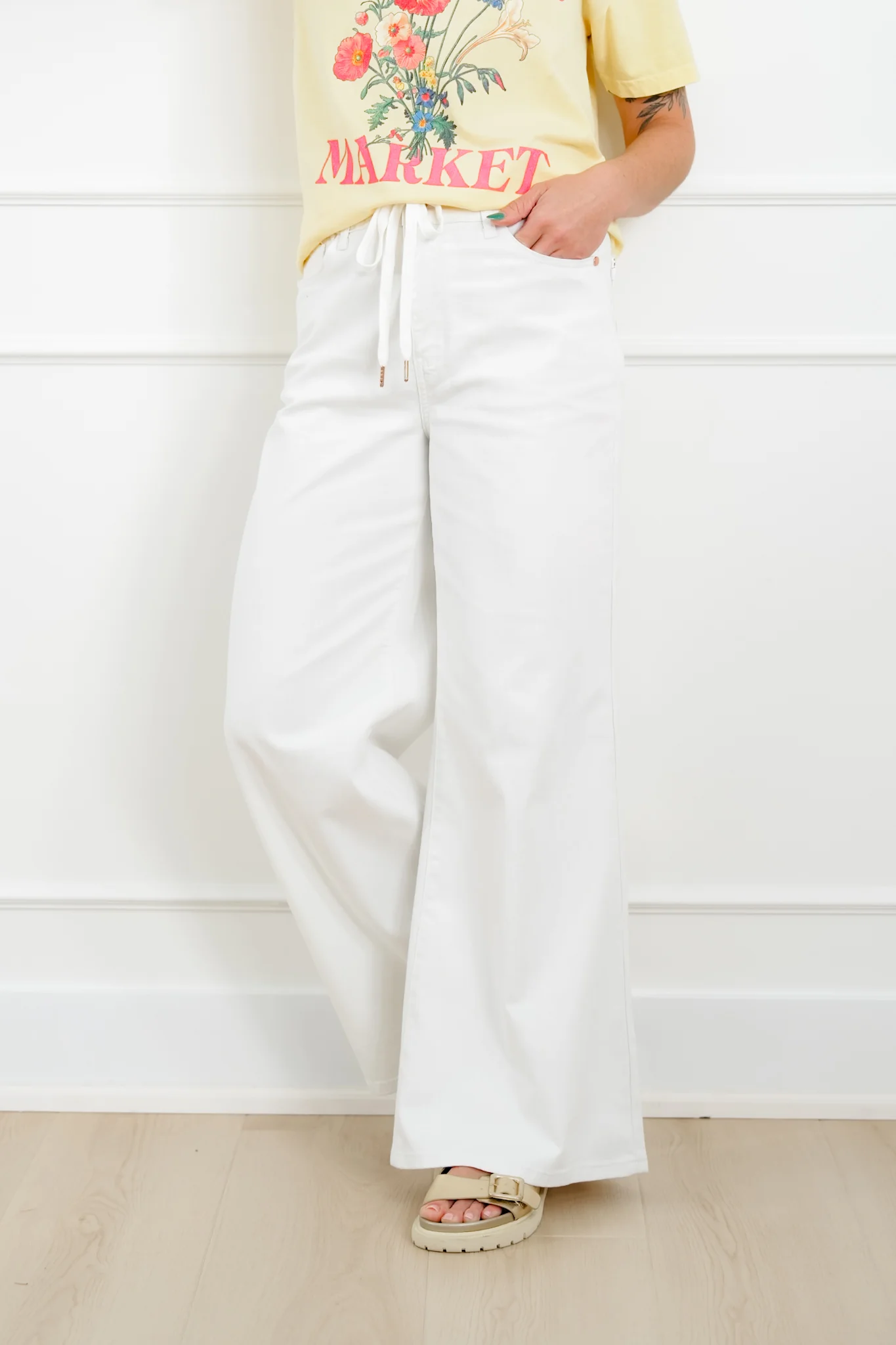 Judy Blue The Sunday Stroll High Rise Multiple Inseam White Featherweight Palazzo Jeans with Elastic Waistband - Image 12