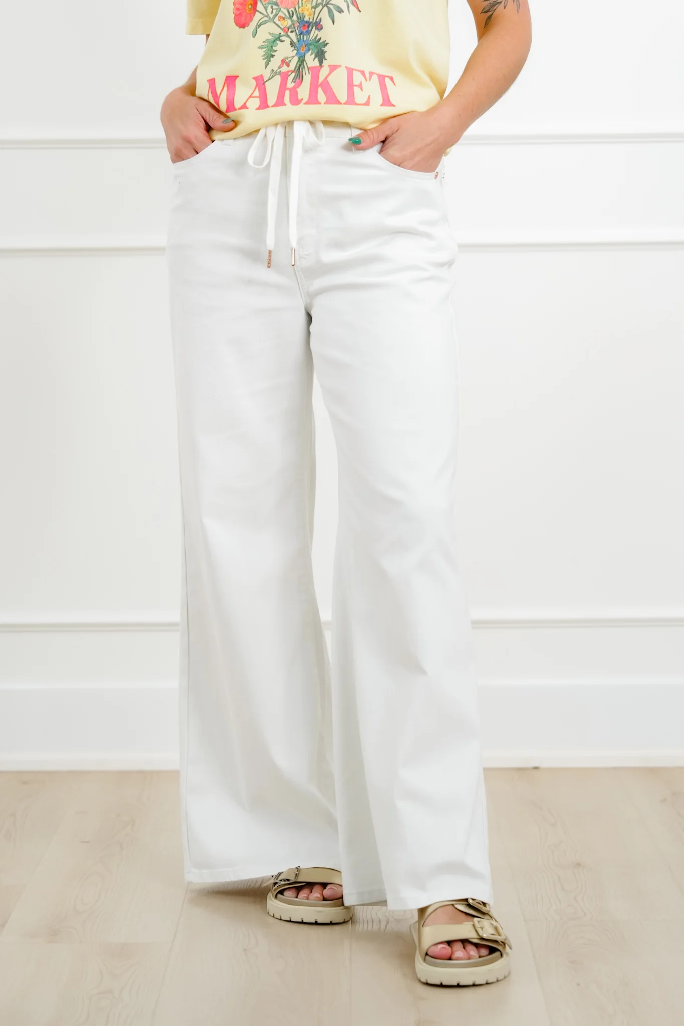 Judy Blue The Sunday Stroll High Rise Multiple Inseam White Featherweight Palazzo Jeans with Elastic Waistband - Image 7