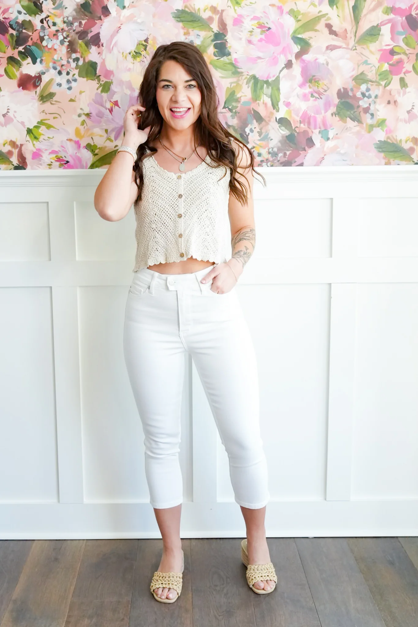 Judy Blue High Rise White Tummy Control Capri with Extended Waistband - Image 4