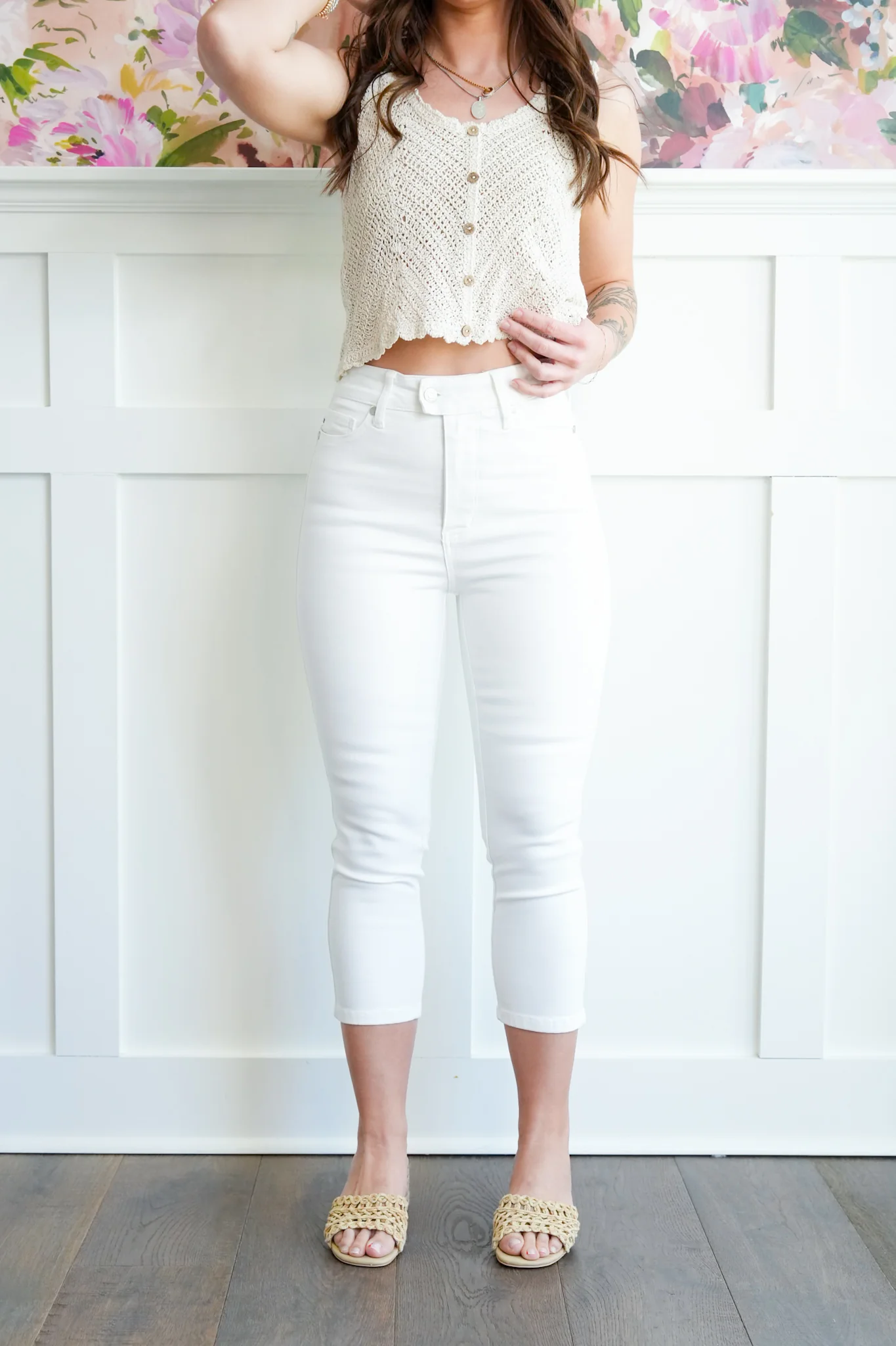 Judy Blue High Rise White Tummy Control Capri with Extended Waistband - Image 6