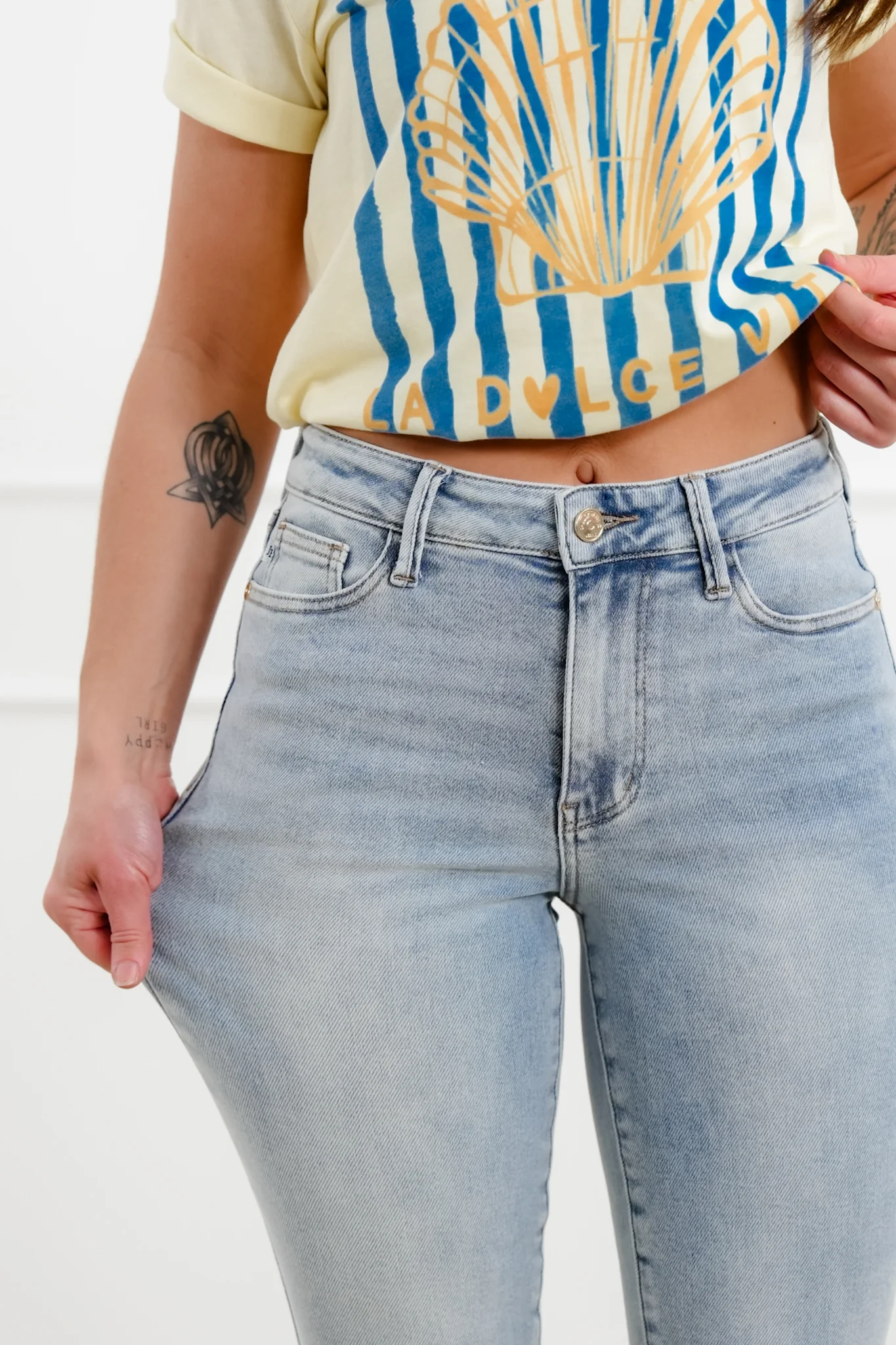 Judy Blue Mid Rise Light Wash Kick flare with Raw Hem - Image 3