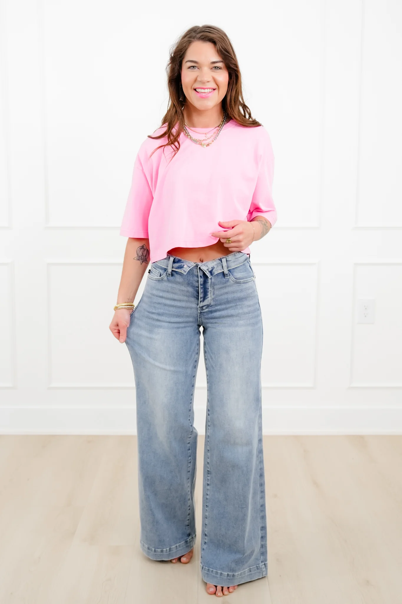 Judy Blue Mid Rise Light Wash Retro Wide Leg Jeans with Fold Over Waistband - Image 6