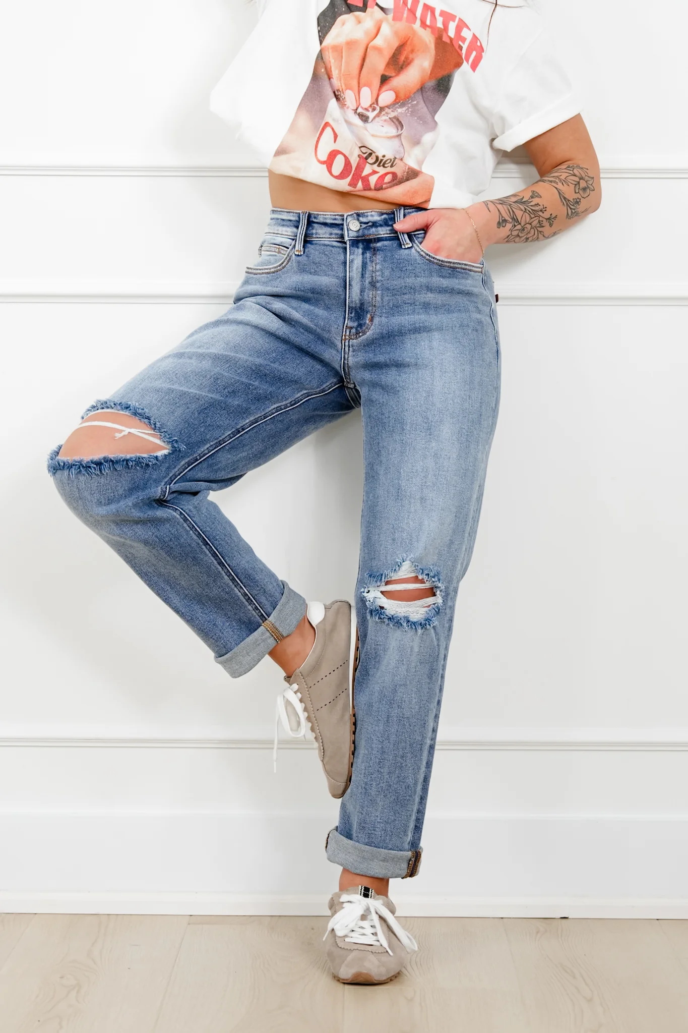 Judy Blue Mid Rise Medium Wash Distressed Boyfriend Jeans with Cuff - Image 7
