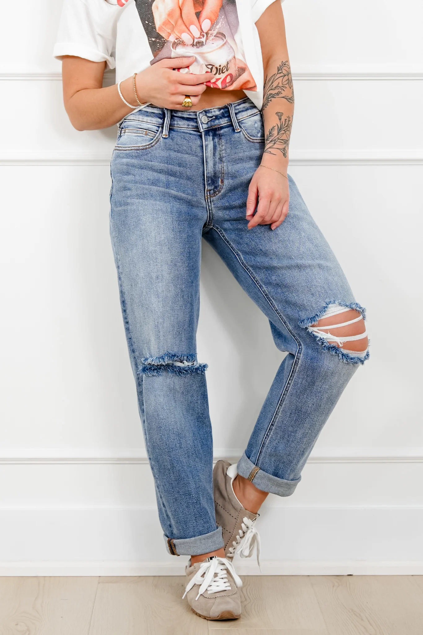 Judy Blue Mid Rise Medium Wash Distressed Boyfriend Jeans with Cuff - Image 8