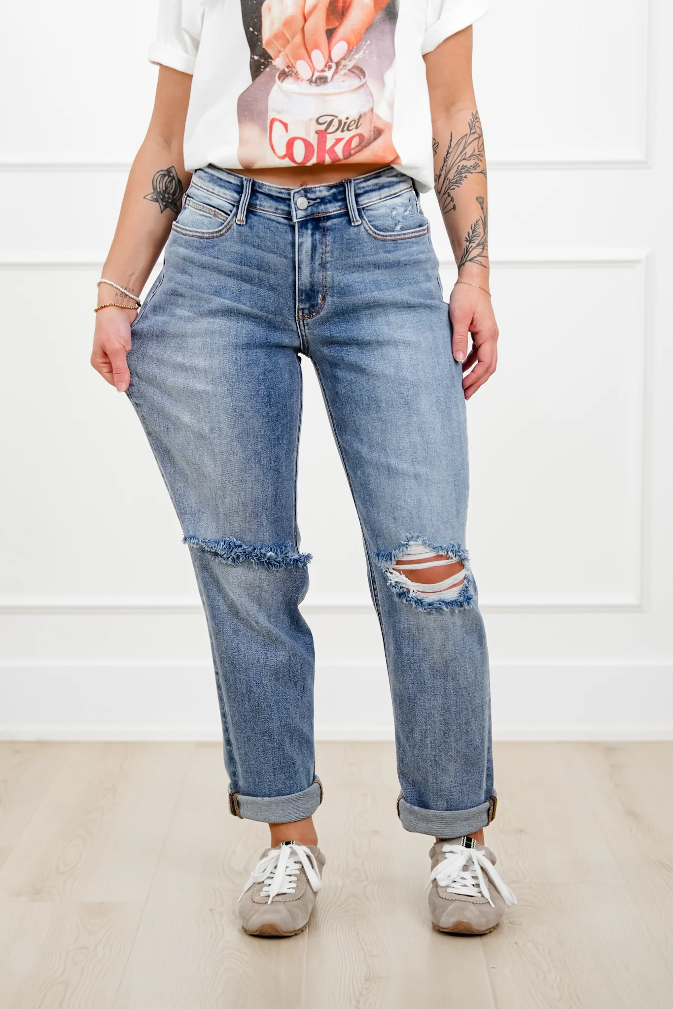 Judy Blue Mid Rise Medium Wash Distressed Boyfriend Jeans with Cuff - Image 9