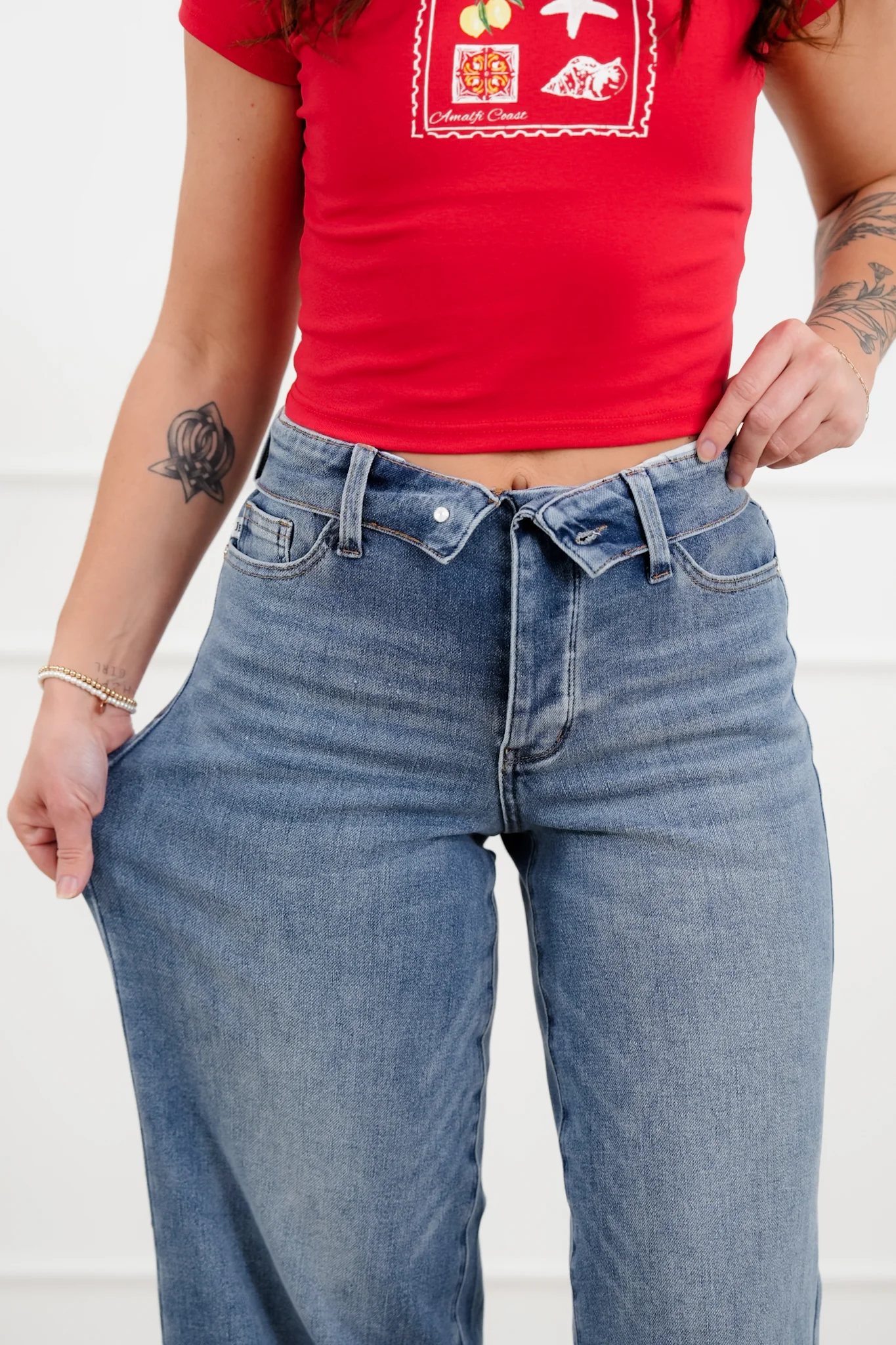 Judy Blue Catching Feelings Mid Rise Medium Wash Straight Leg Jeans with Folded Over Waistband - Image 3
