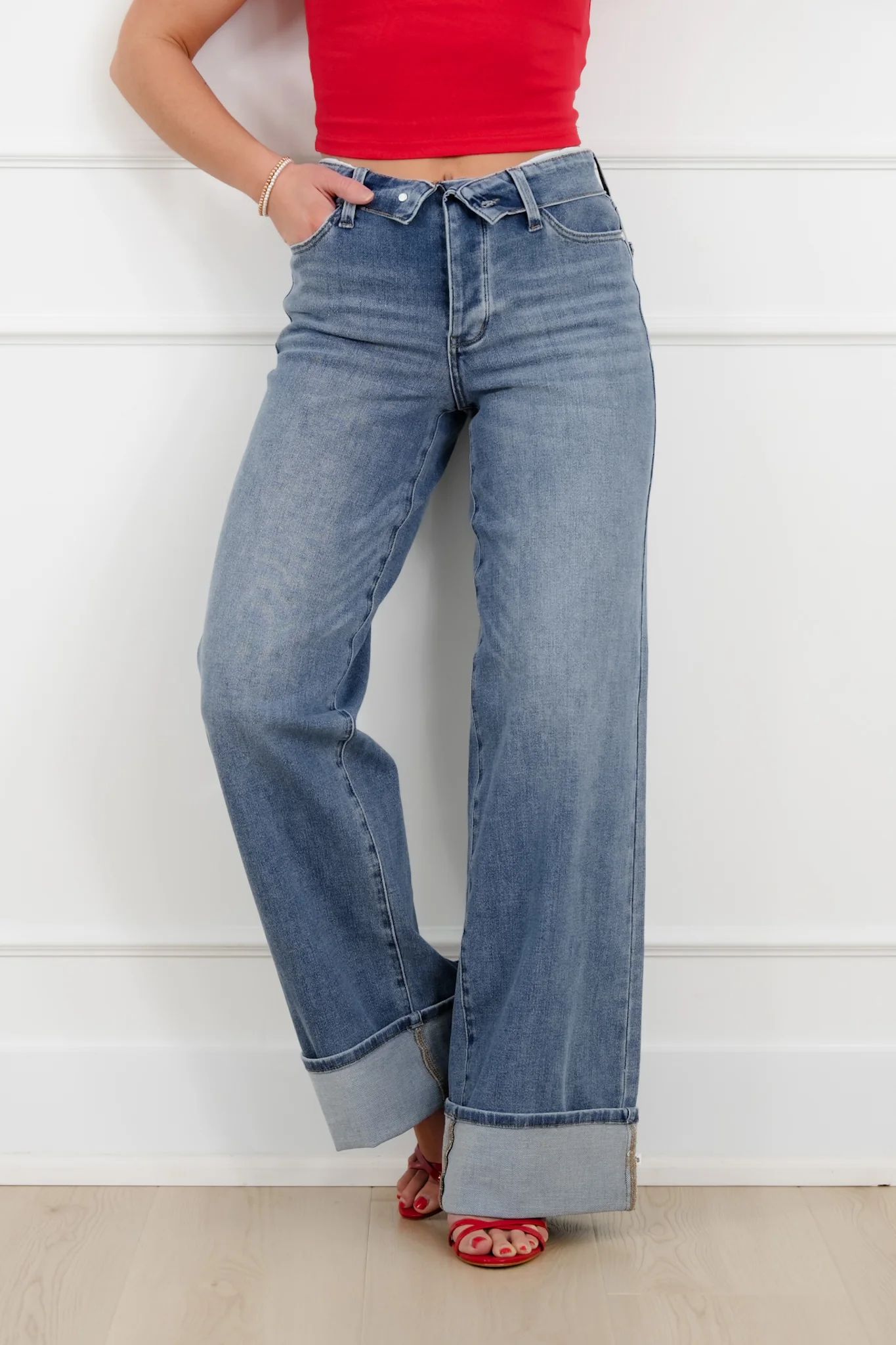 Judy Blue Catching Feelings Mid Rise Medium Wash Straight Leg Jeans with Folded Over Waistband - Image 7