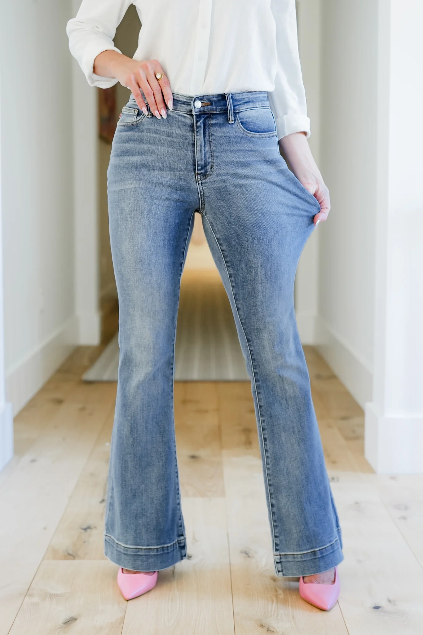 Judy Blue Multi-Inseam Mid-Rise Medium Wash Trouser Flare Jeans - Image 8