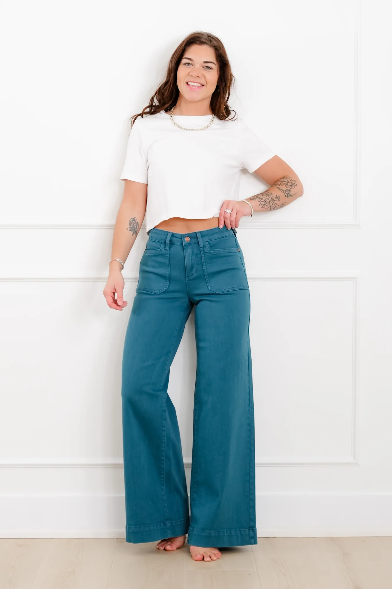 Judy Blue Mid Rise Teal Utility Pocket Wide Leg Jeans - Image 4