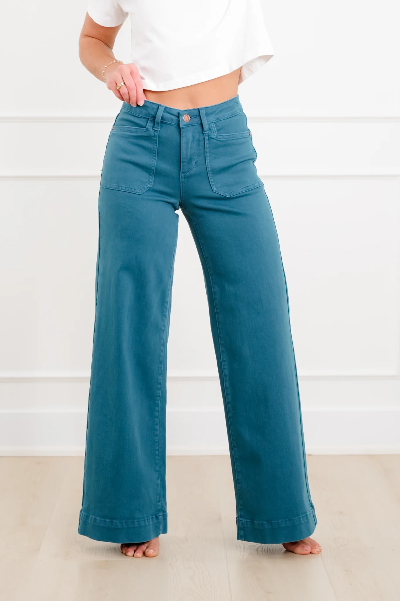 Judy Blue Mid Rise Teal Utility Pocket Wide Leg Jeans - Image 5