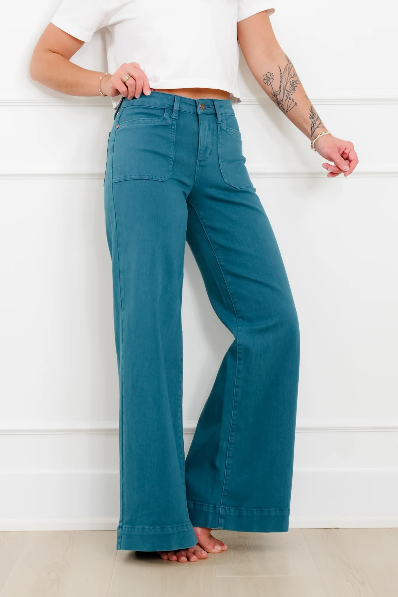 Judy Blue Mid Rise Teal Utility Pocket Wide Leg Jeans - Image 7