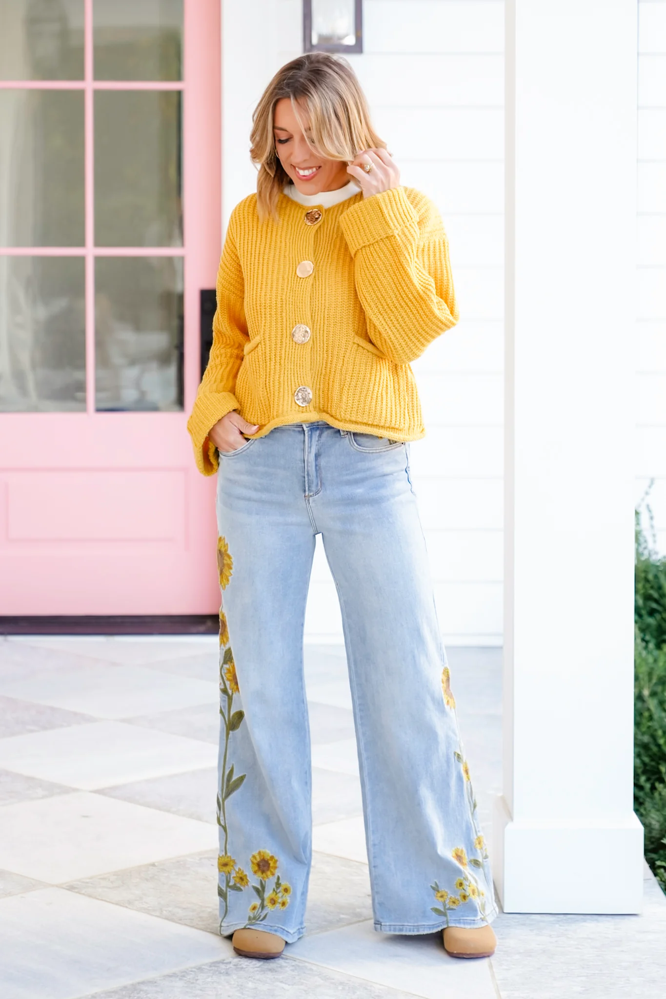 Knit Long Cuff Sleeve Gold Button Down Cardigan - Image 11