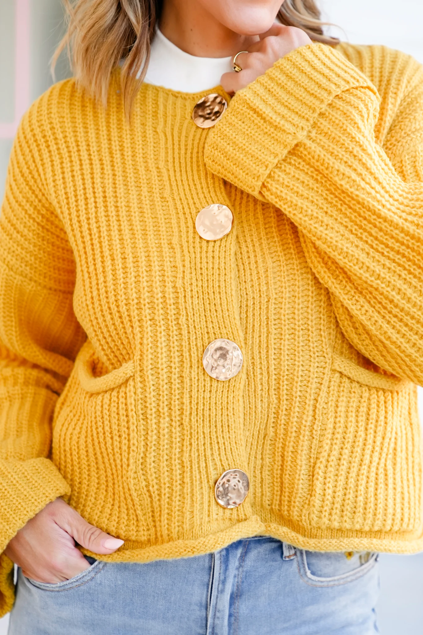 Knit Long Cuff Sleeve Gold Button Down Cardigan - Image 12