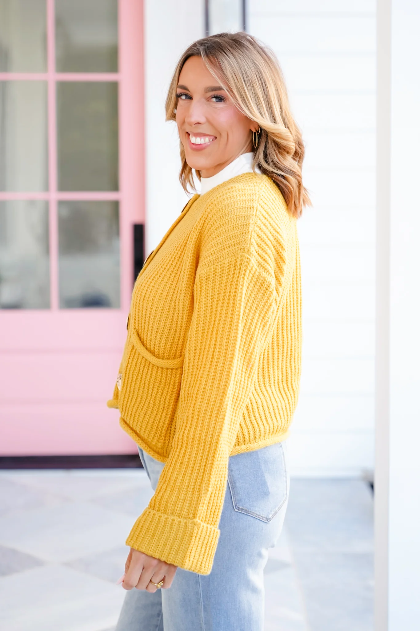 Knit Long Cuff Sleeve Gold Button Down Cardigan - Image 13