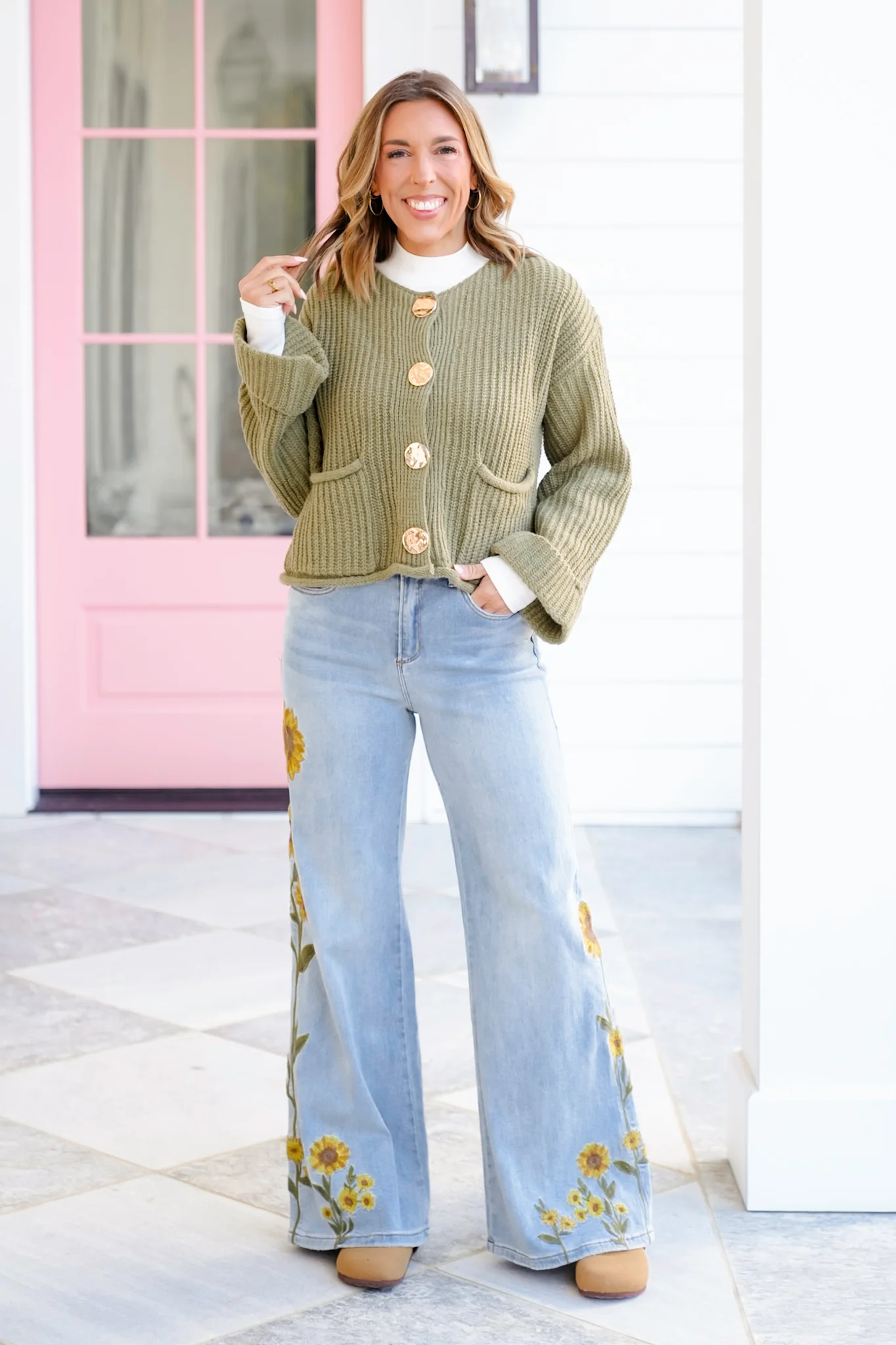 Knit Long Cuff Sleeve Gold Button Down Cardigan - Image 15