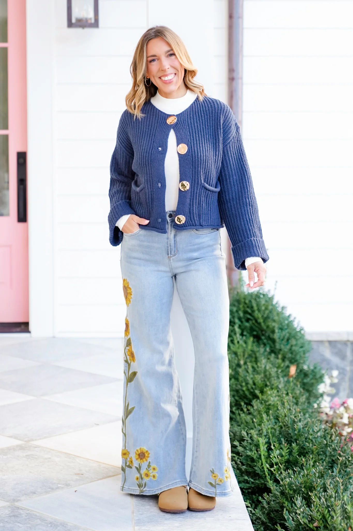 Knit Long Cuff Sleeve Gold Button Down Cardigan - Image 16