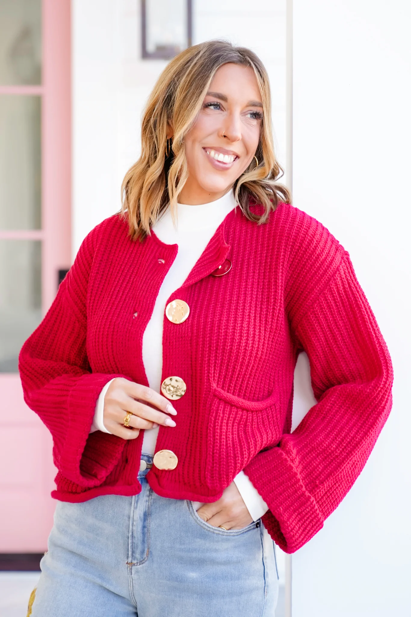 Knit Long Cuff Sleeve Gold Button Down Cardigan - Image 2