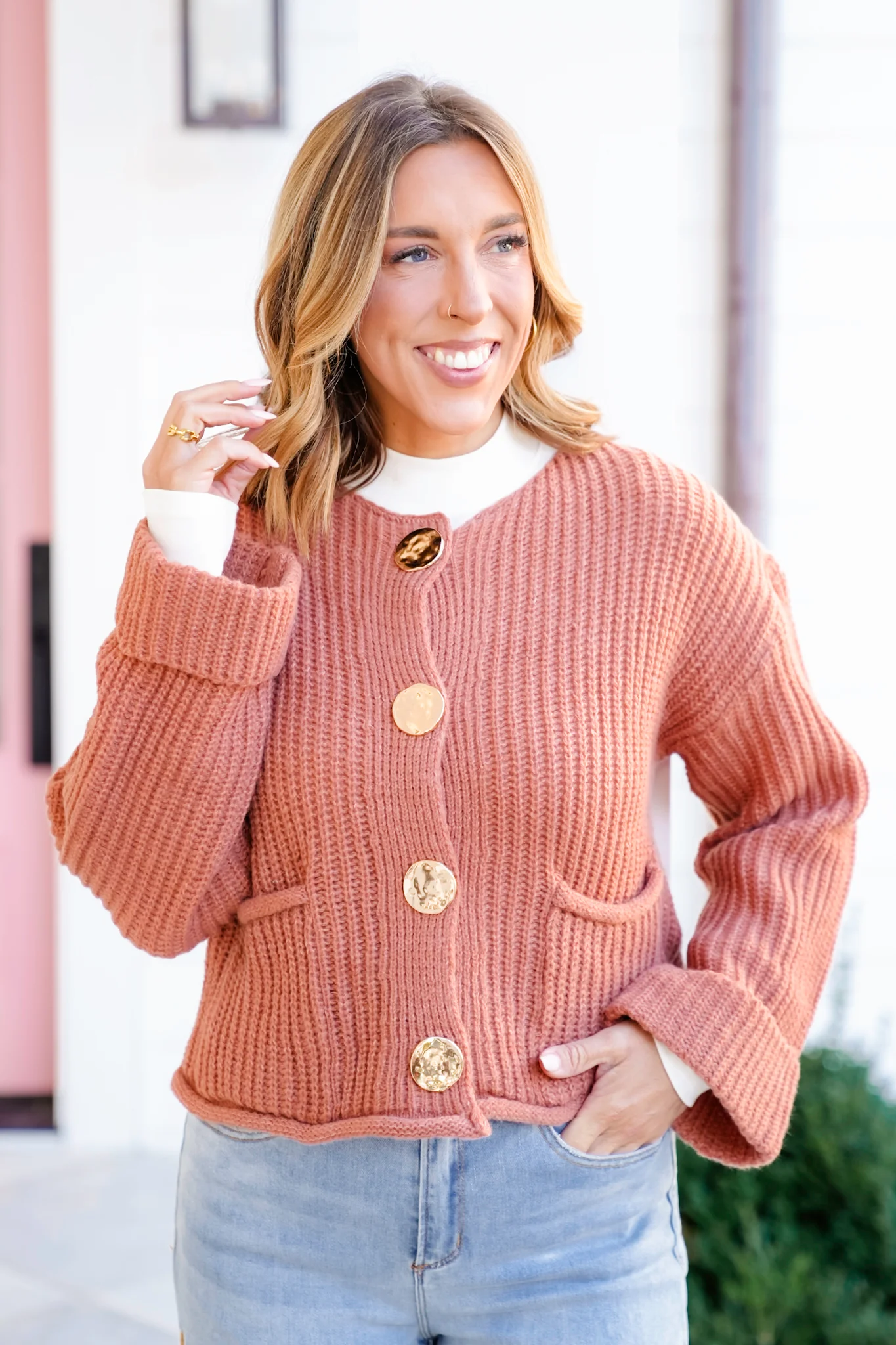 Knit Long Cuff Sleeve Gold Button Down Cardigan - Image 3