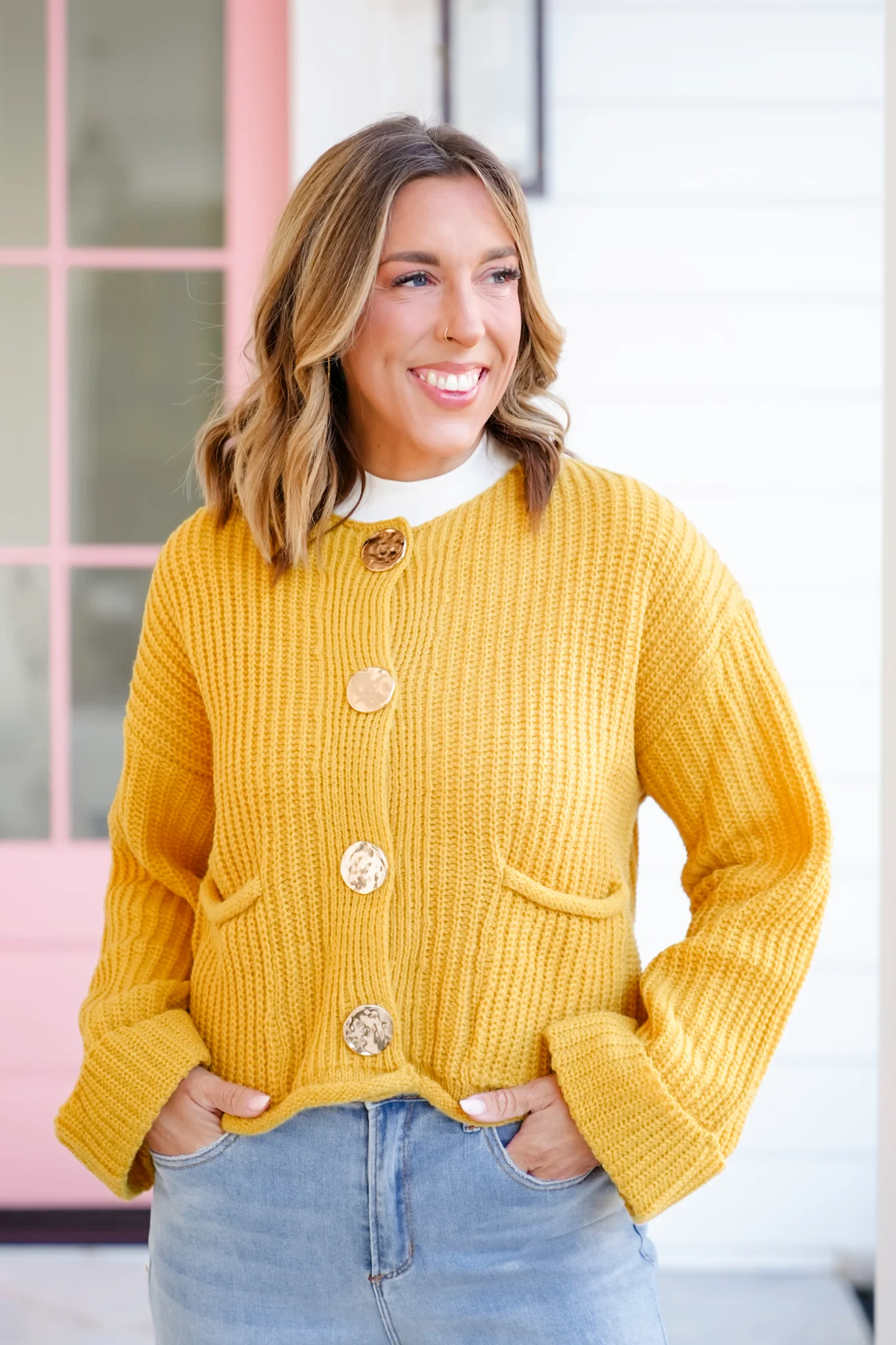 Knit Long Cuff Sleeve Gold Button Down Cardigan - Image 4