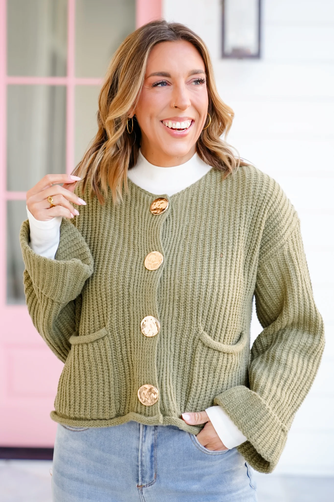 Knit Long Cuff Sleeve Gold Button Down Cardigan - Image 6