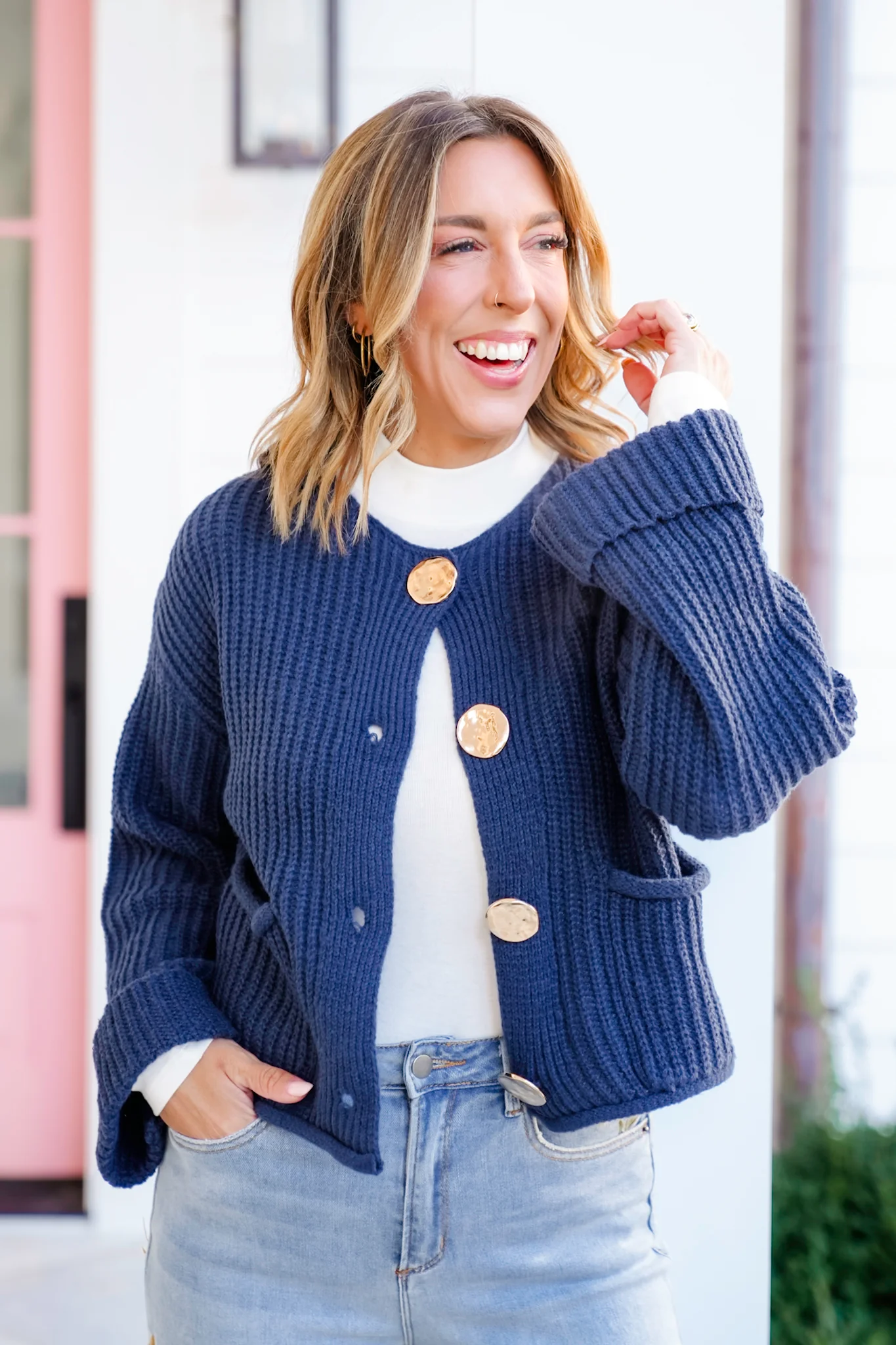 Knit Long Cuff Sleeve Gold Button Down Cardigan - Image 7