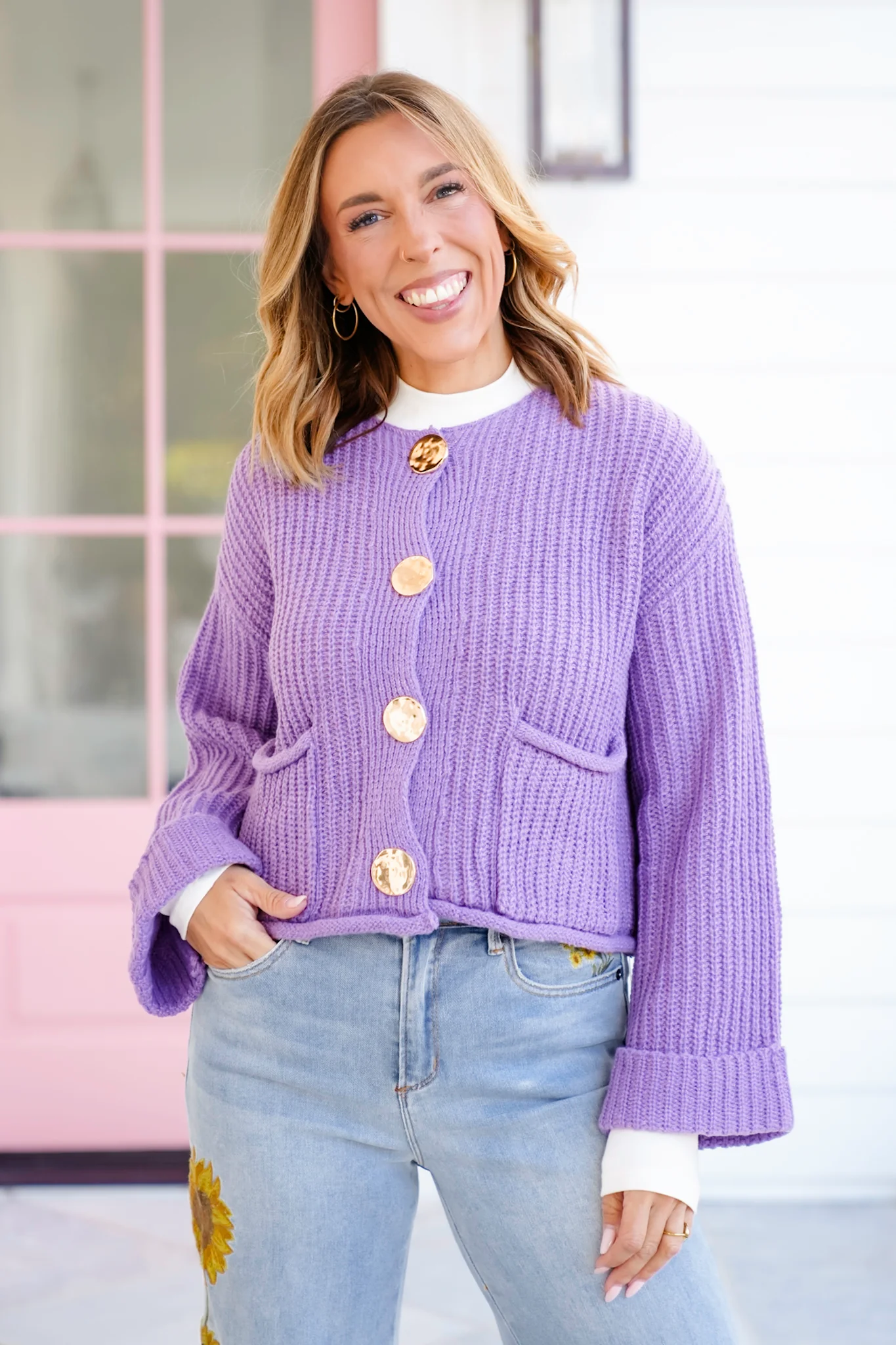 Knit Long Cuff Sleeve Gold Button Down Cardigan - Image 8