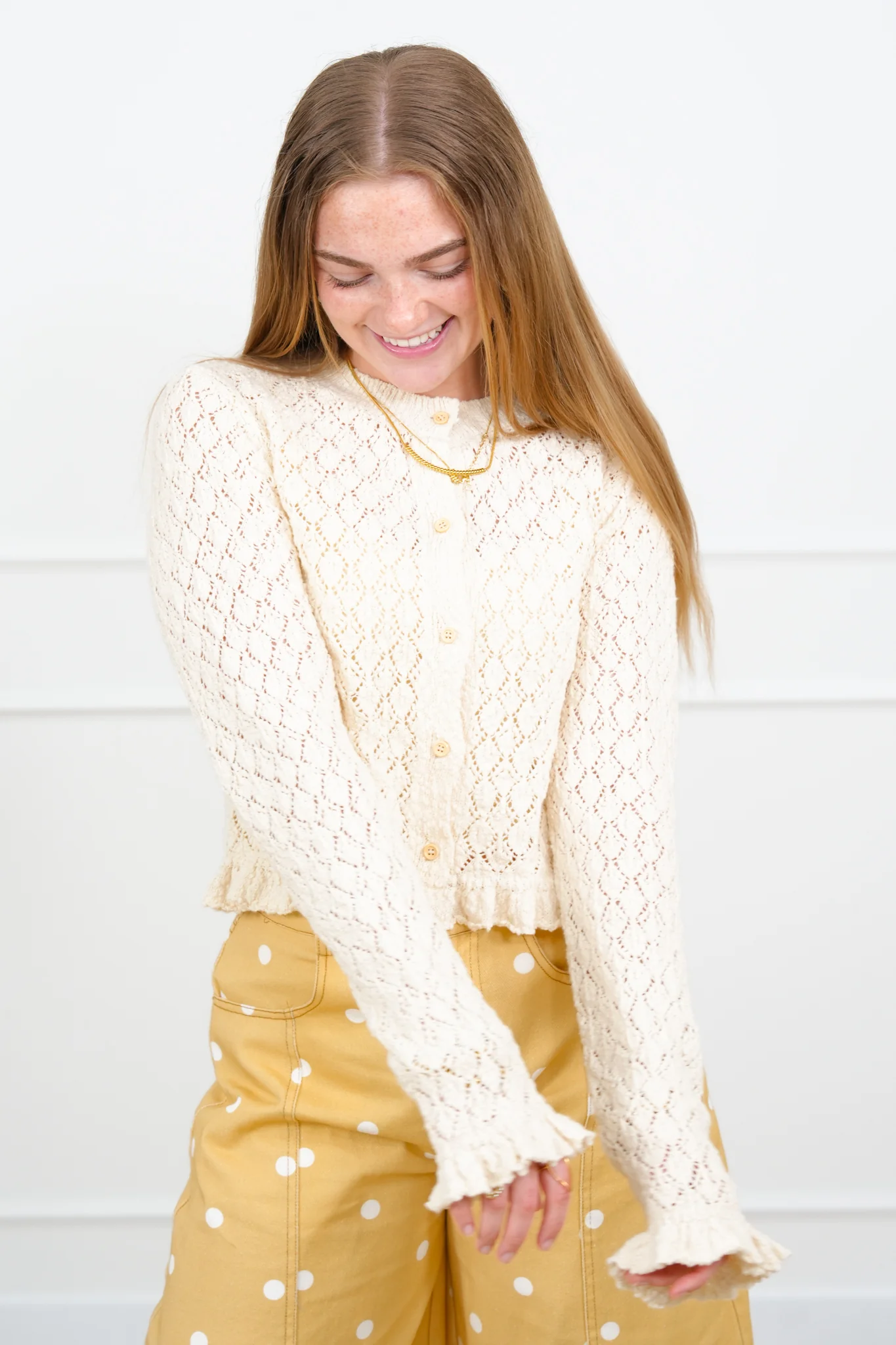Restock! Knit Long Sleeve Button Down Ruffle Trim Cardigan - Image 2