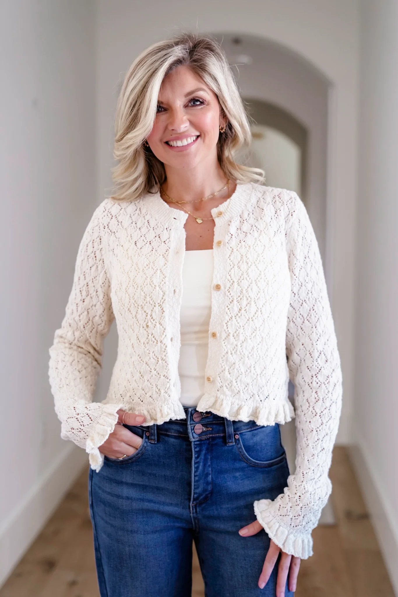 Restock! Knit Long Sleeve Button Down Ruffle Trim Cardigan - Image 6