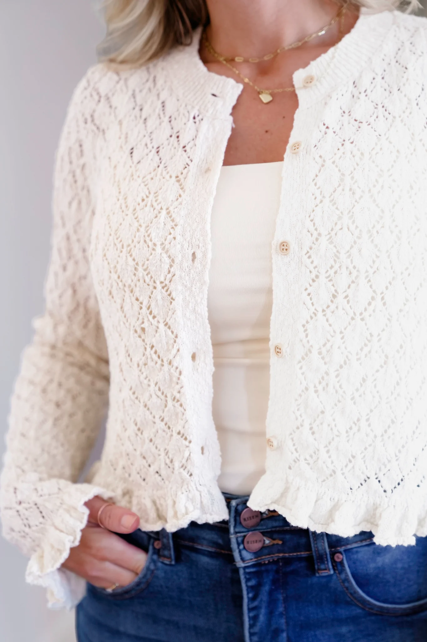 Restock! Knit Long Sleeve Button Down Ruffle Trim Cardigan - Image 8